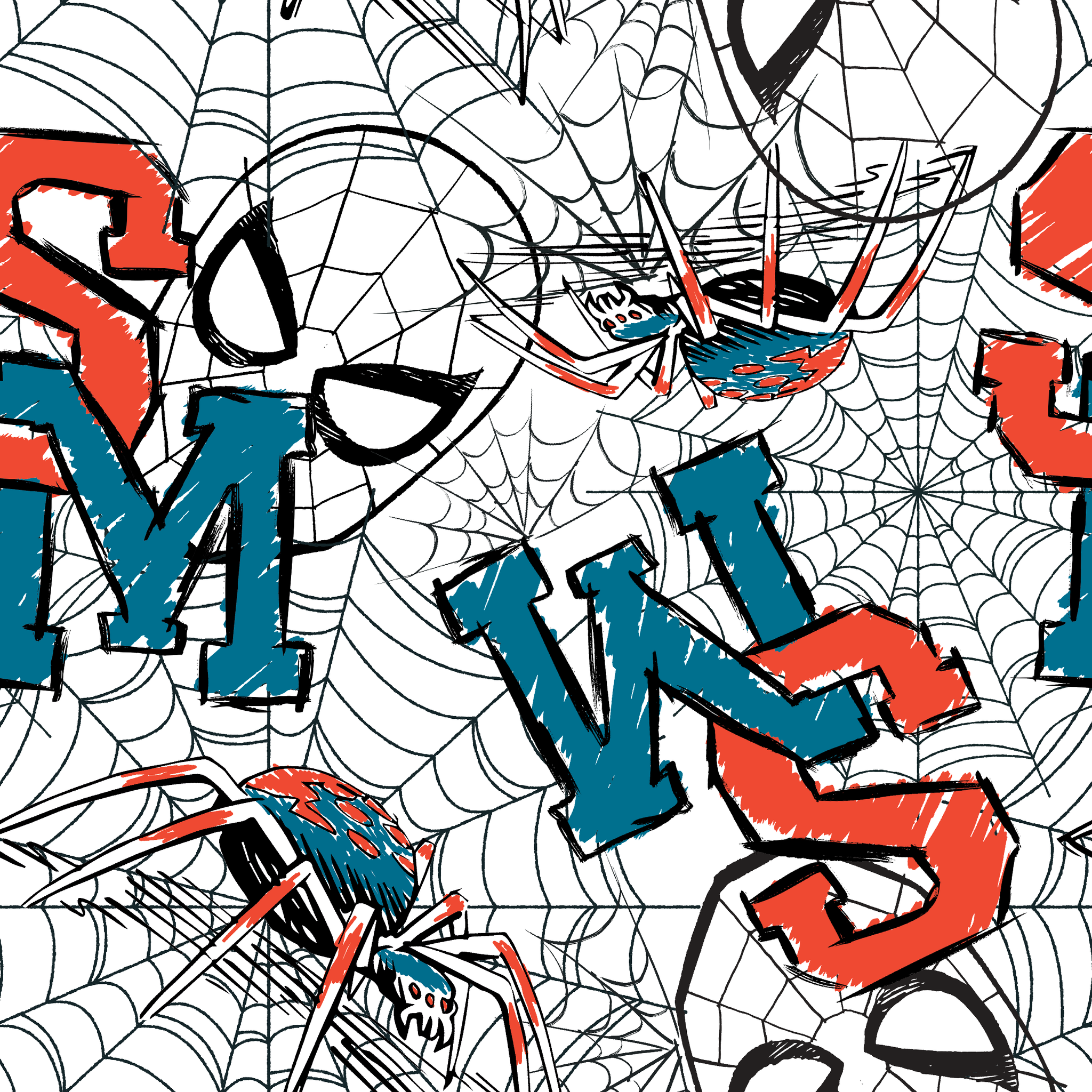 Abstract design with blue and red letters (S, M, K) overlaid with black spider web patterns on white background tiled preview square