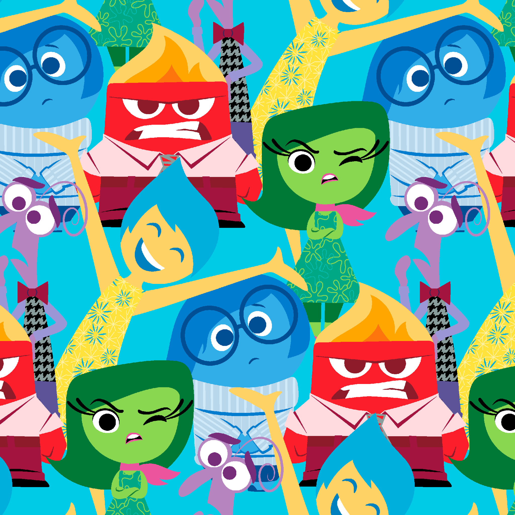 Colorful animated characters from Pixar's Inside Out - Joy, Sadness, Anger, Disgust and Fear in repeating pattern tiled preview square