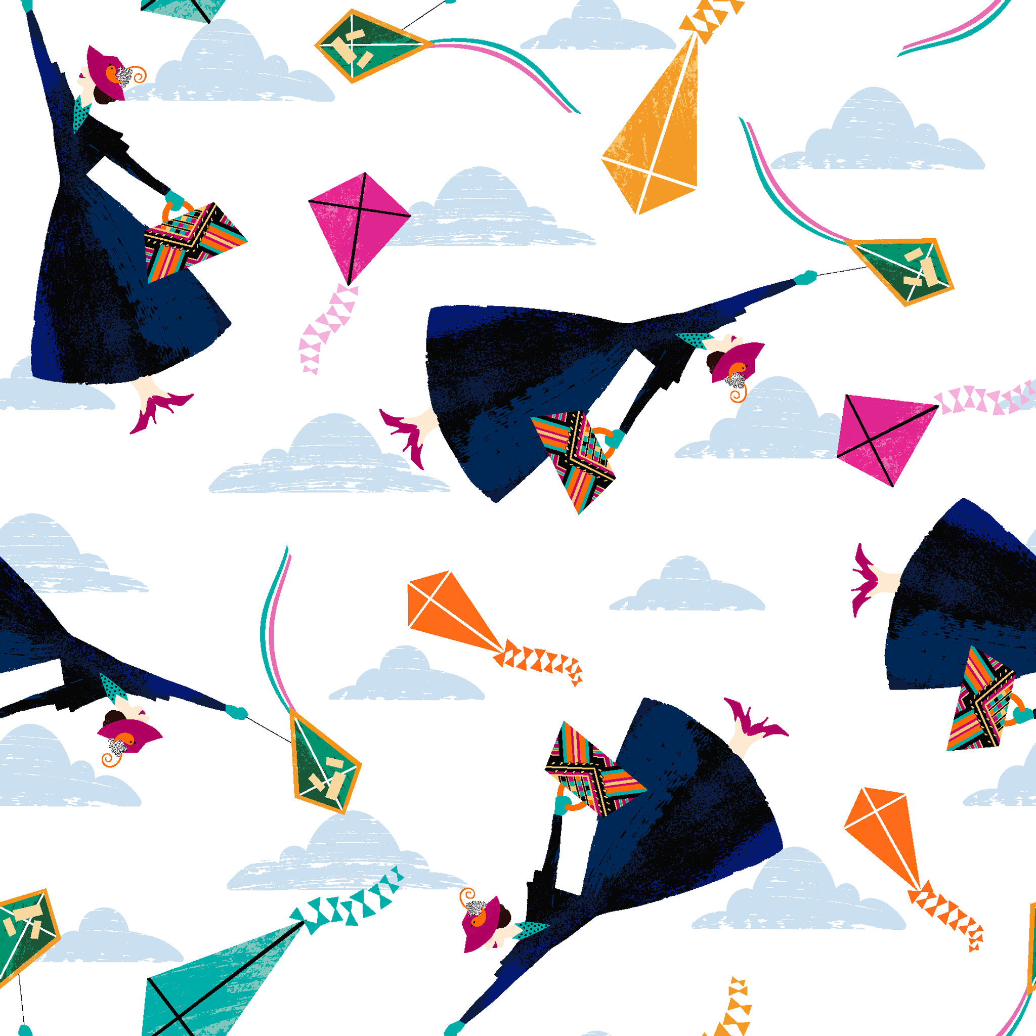Colorful kites in orange, pink, and green along with Mary Poppins flying in a cloudy blue sky tiled preview square