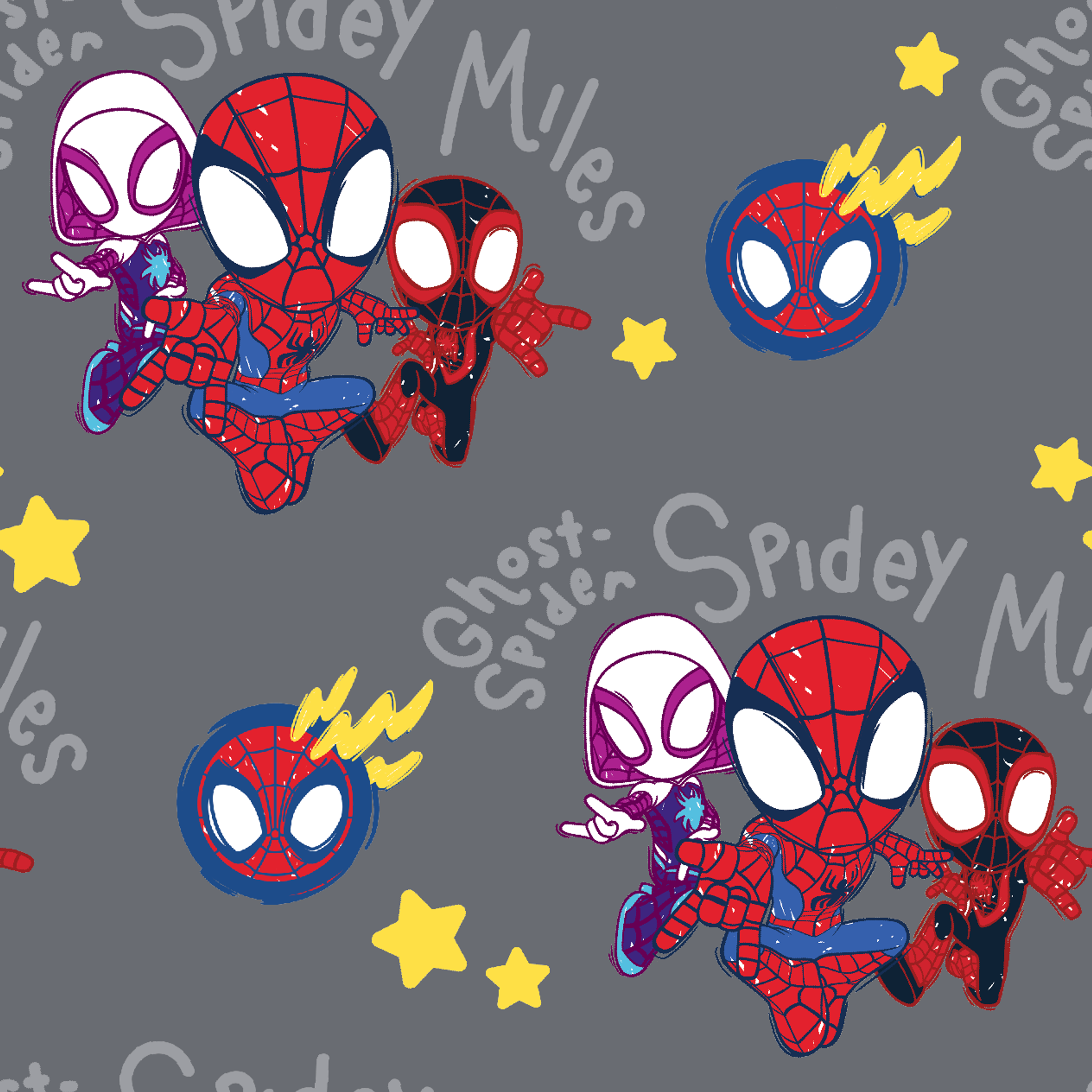 Cartoon Spider-Man characters pattern with stylized spider heroes and yellow stars on gray background tiled preview square