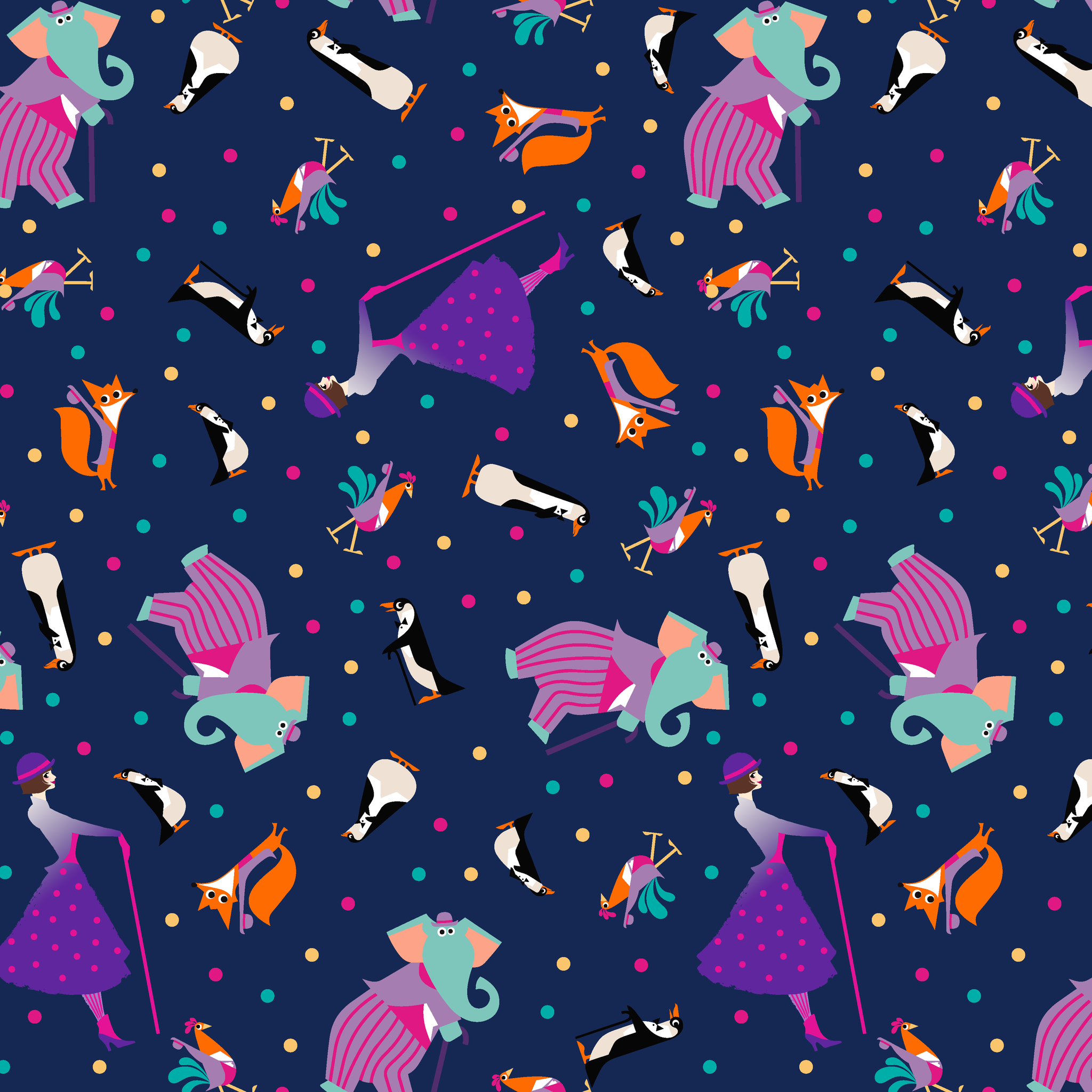 Colorful Mary Poppins pattern of whimsical animals including foxes and birds on a dark blue background with polka dots tiled preview square