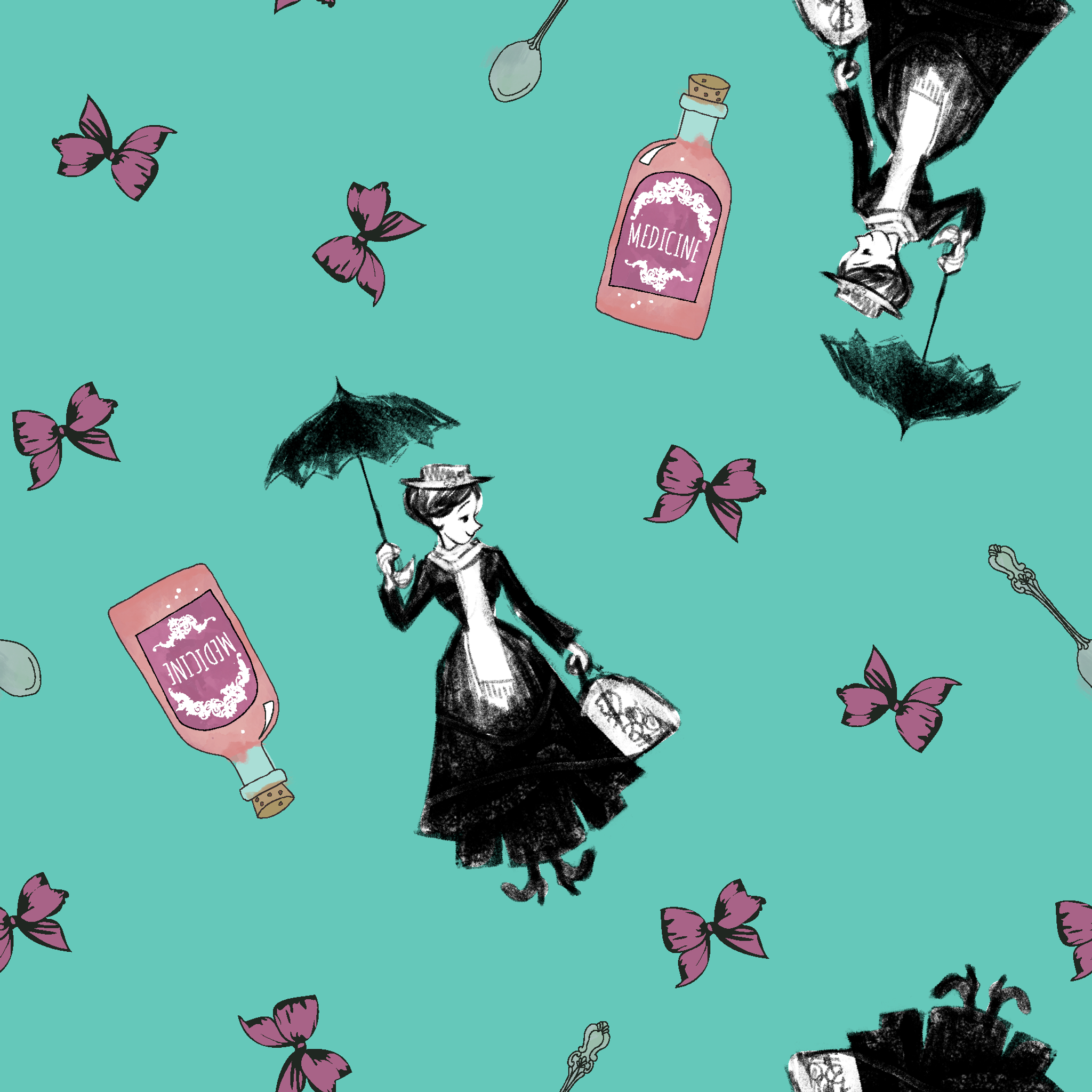 Whimsical illustration pattern with Mary Poppins holding umbrella, pink bottles, and purple butterflies on mint green background. tiled preview square