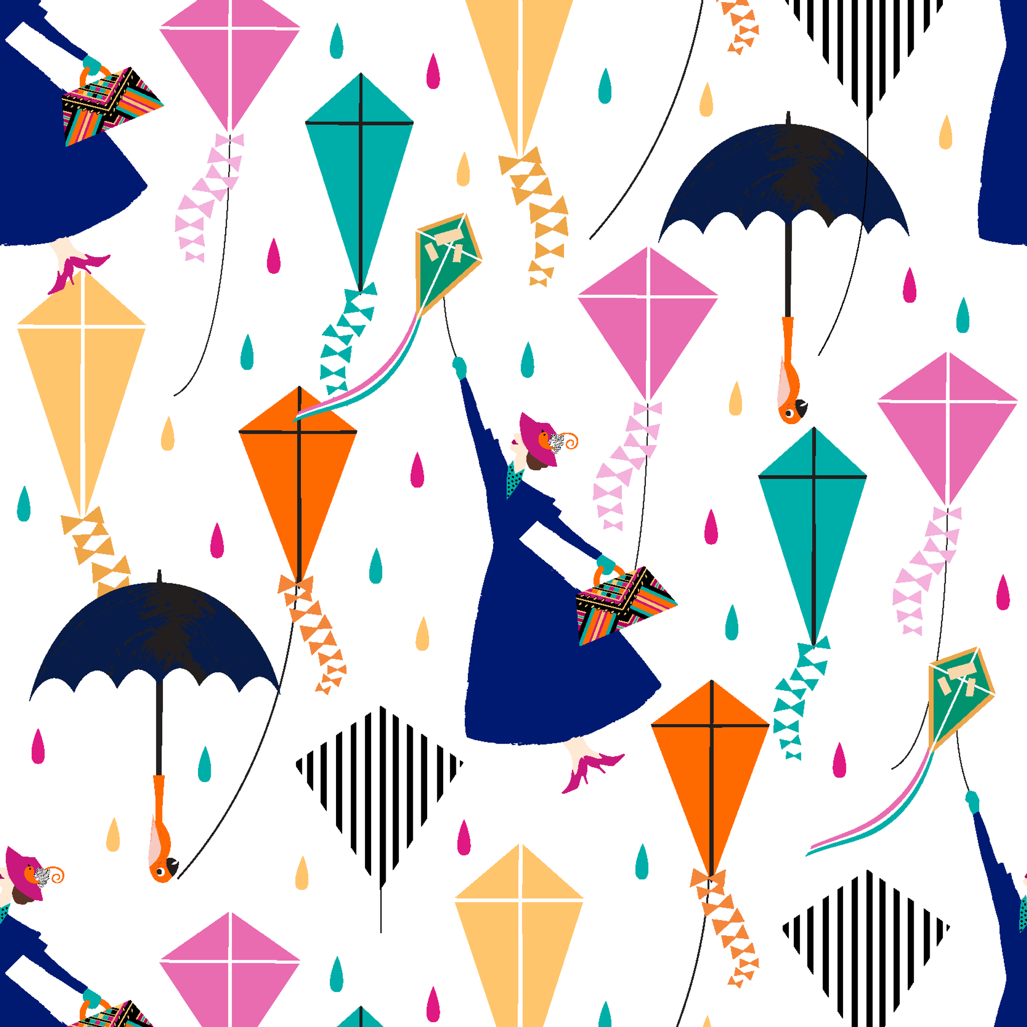 Colorful Mary Poppins pattern with umbrellas, featuring pink, orange, turquoise kites and navy umbrellas on white background tiled preview square