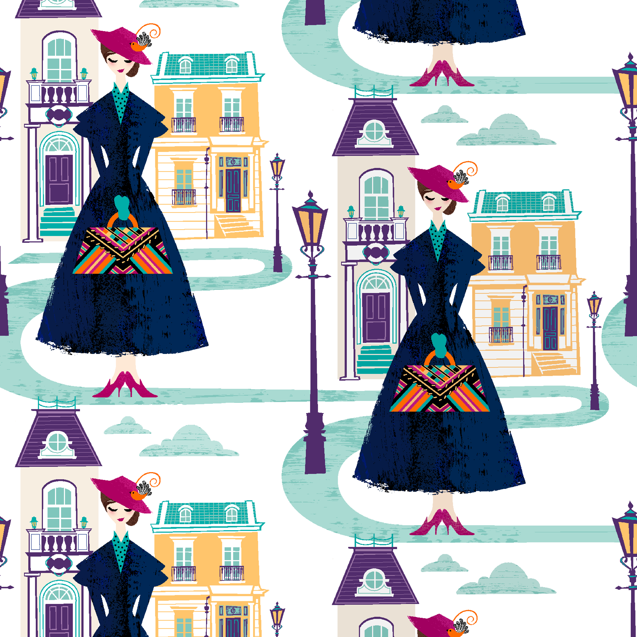 Illustrated pattern of Mary Poppins, standing among pastel townhouses and streetlamps. tiled preview square
