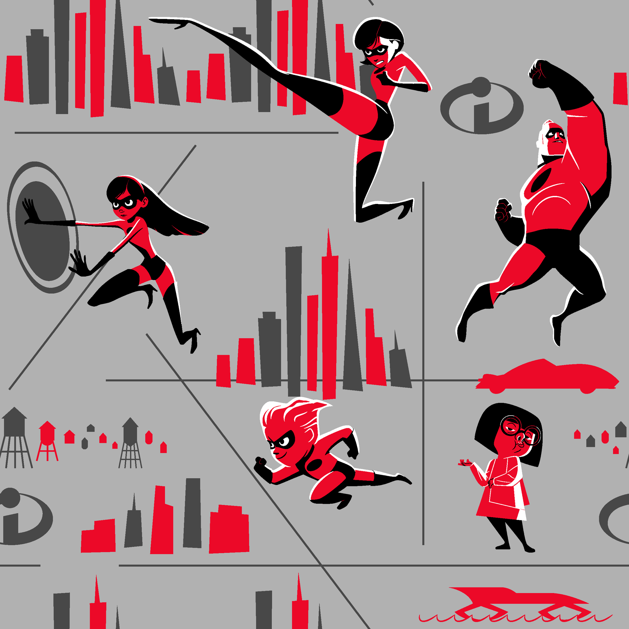 Characters in red and black superhero outfits from The Incredibles shown in action poses against gray background with city elements tiled preview square