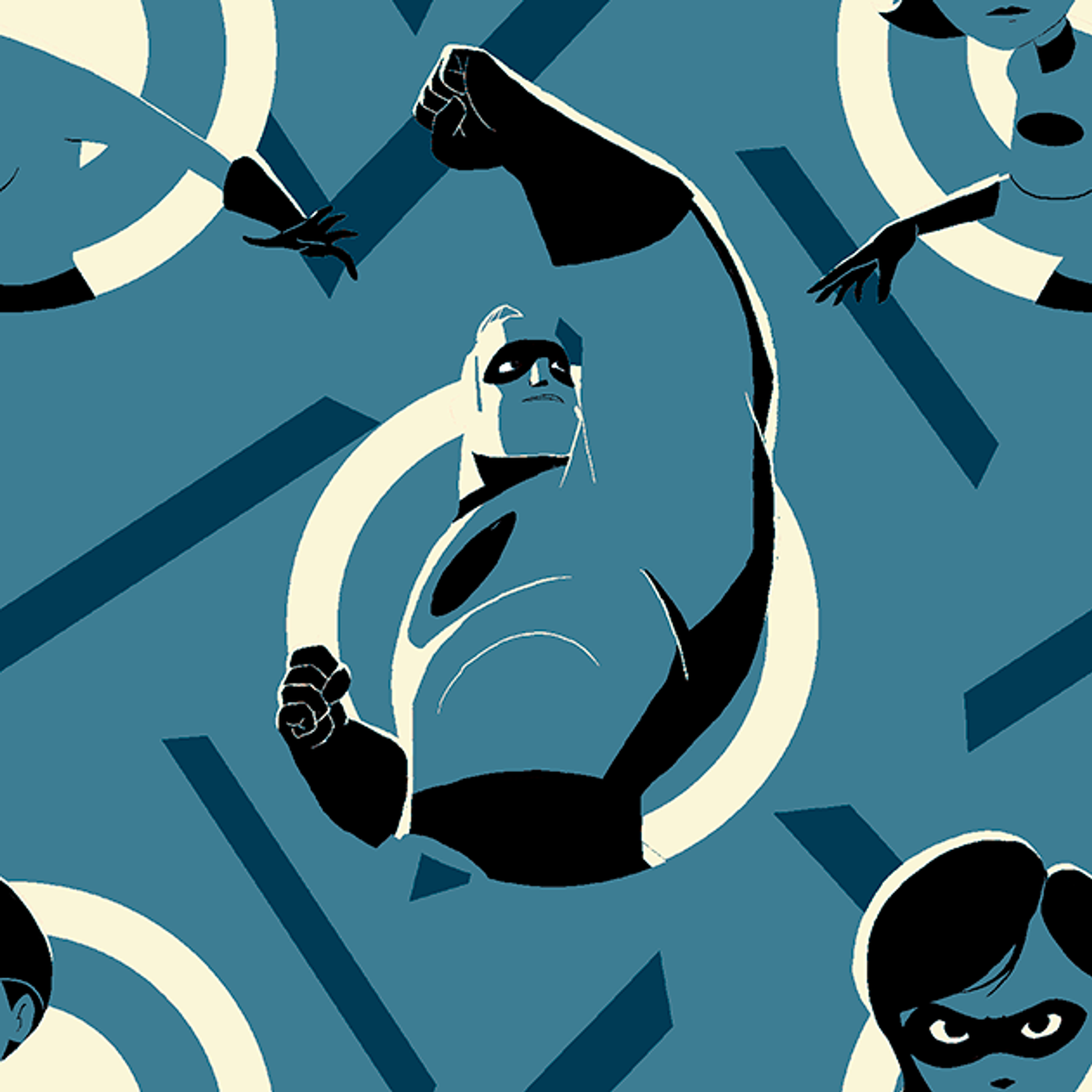 Stylized Mr. Incredible in blue and black with raised fist against geometric circular background tiled preview square