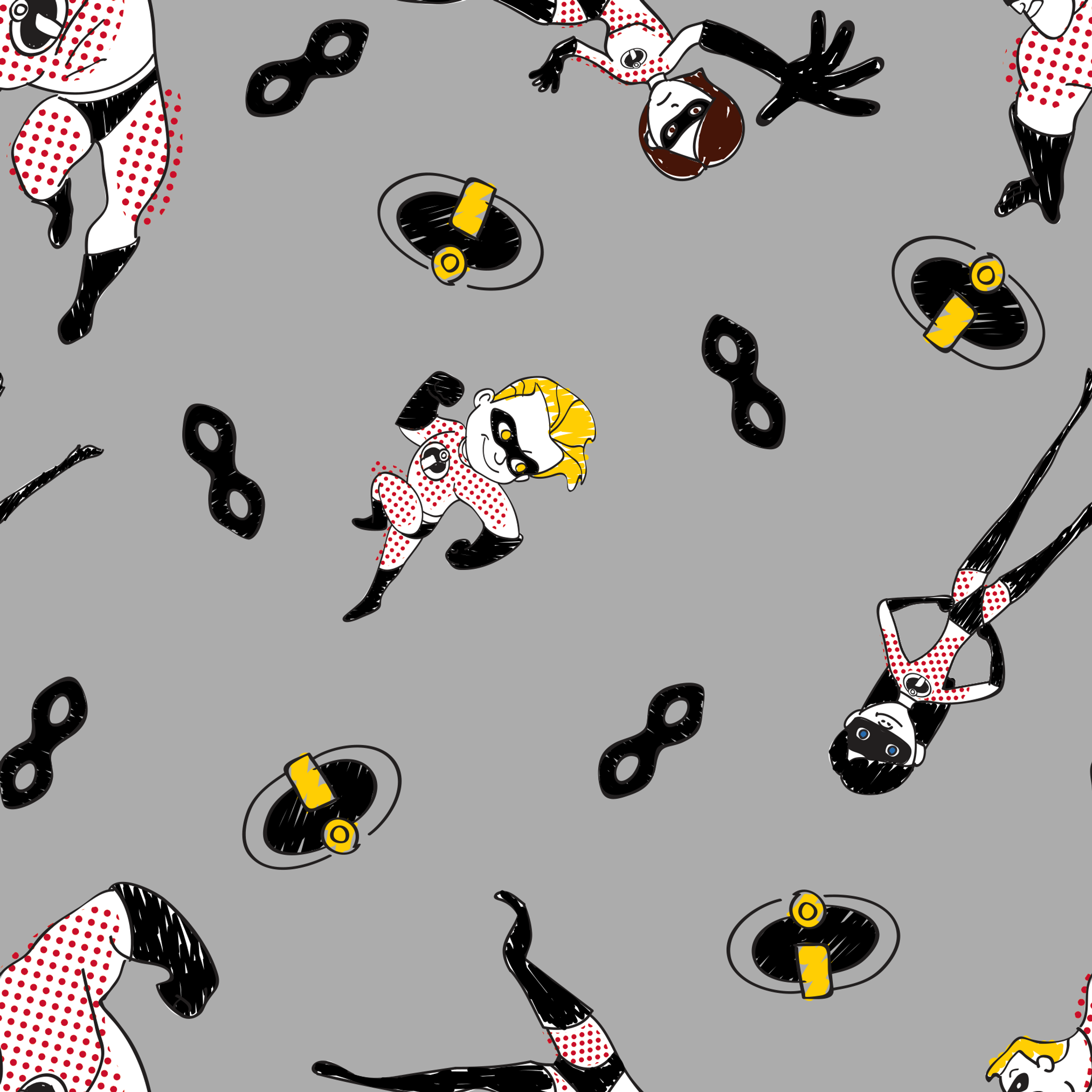 The Incredibles in black and white suits with yellow emblems scattered on gray background with masks tiled preview square