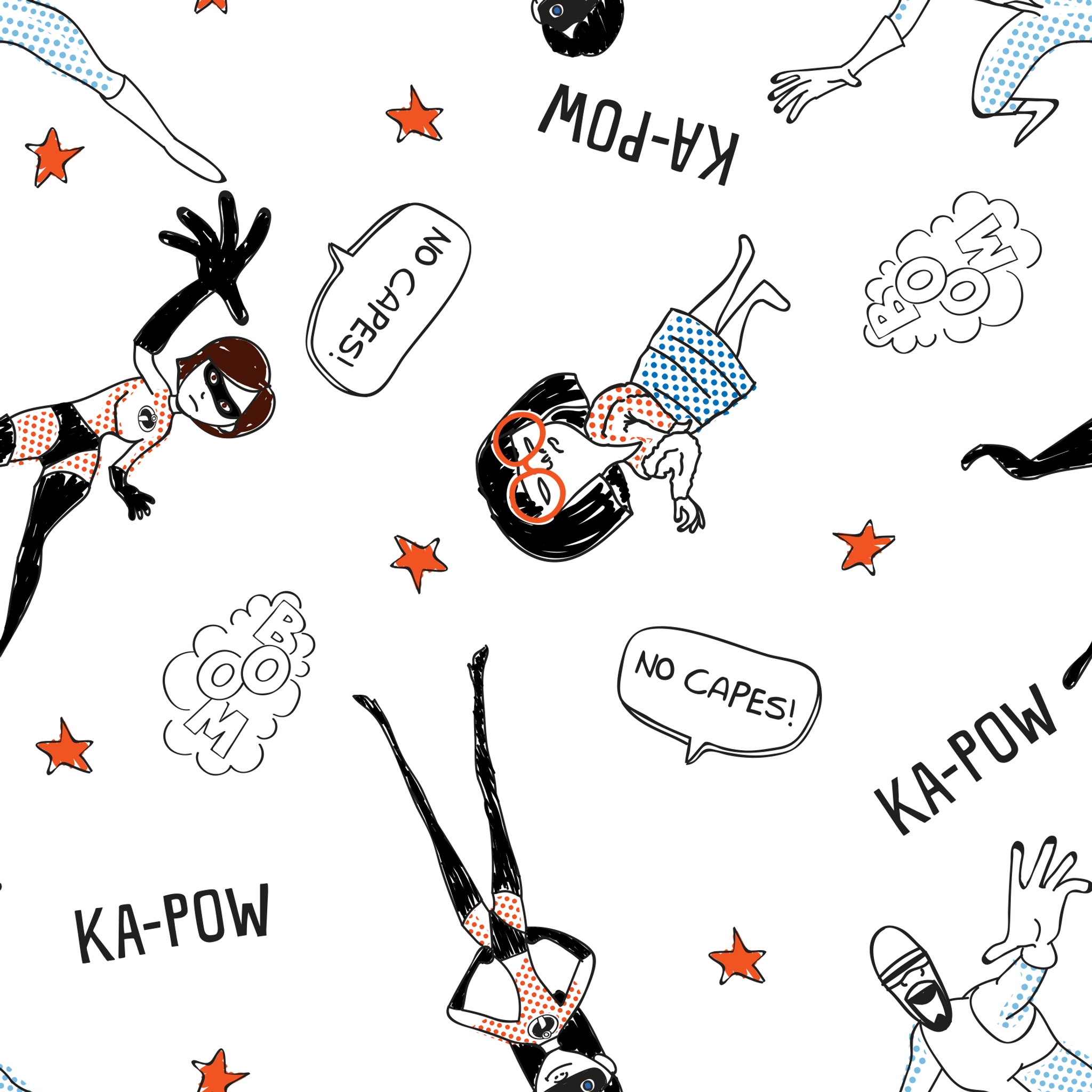 The Incredibles in dynamic poses with comic book sound effects like "KA-POW" on white background with orange stars tiled preview square