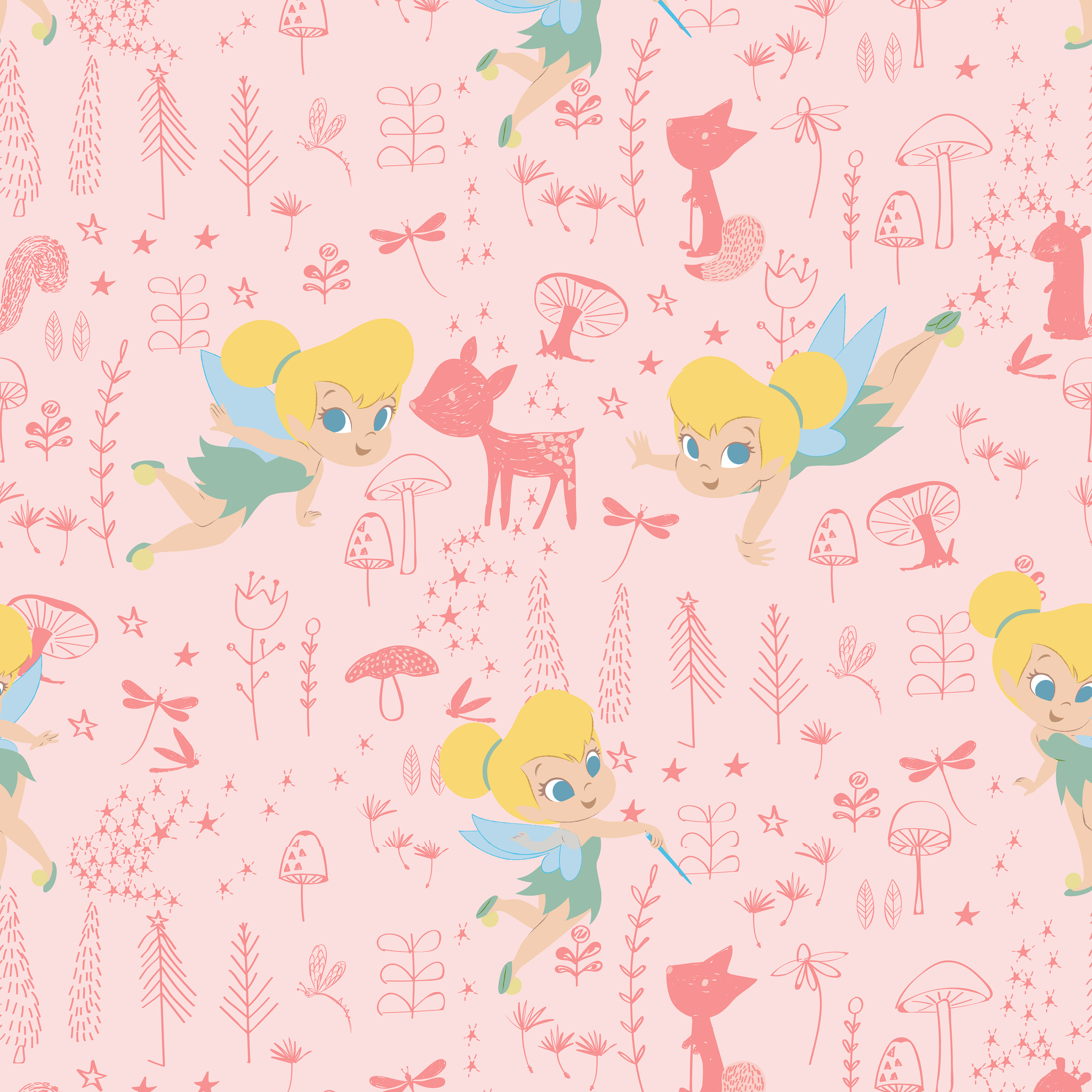 Pink whimsical pattern with cartoon fairy characters, forest animals, mushrooms, and plants in pastel colors tiled preview square