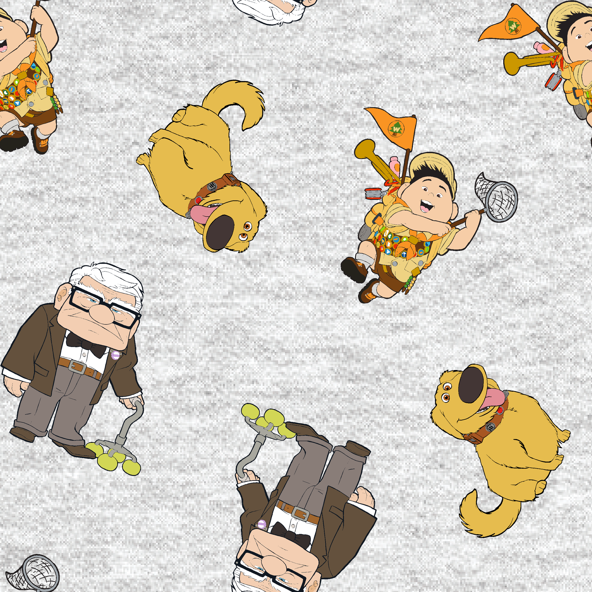Cartoon characters from Disney's "Up" including Carl, Russell, and Dug on light gray background tiled preview square