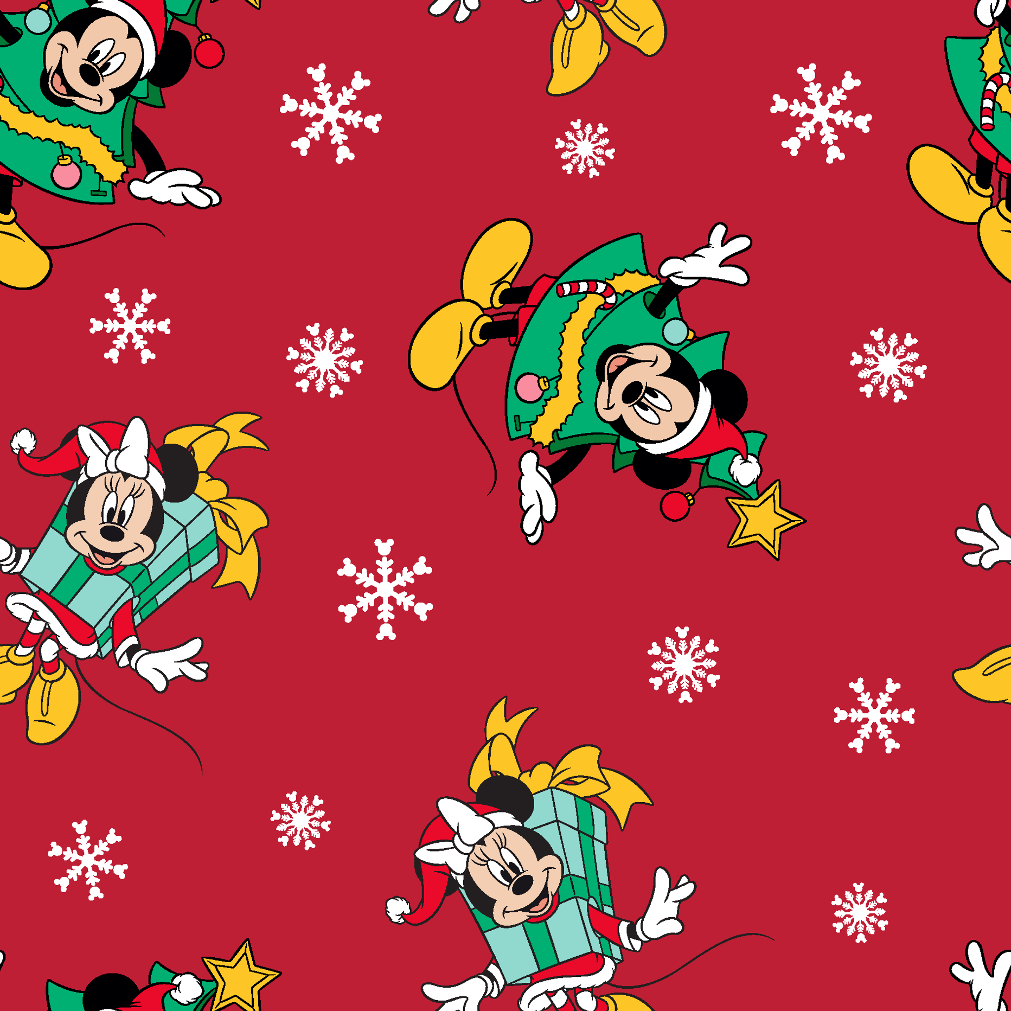 Disney characters in holiday outfits on red background with white snowflakes tiled preview square
