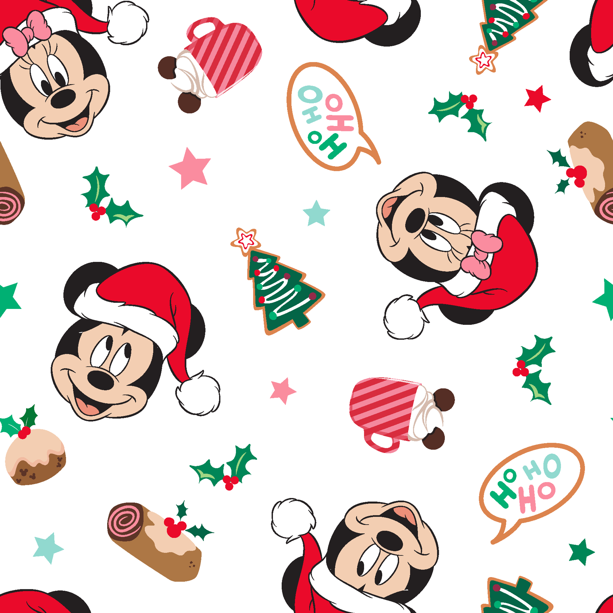 Mickey Mouse Christmas pattern with Santa hats, holly, speech bubbles, and festive decorations on white background tiled preview square
