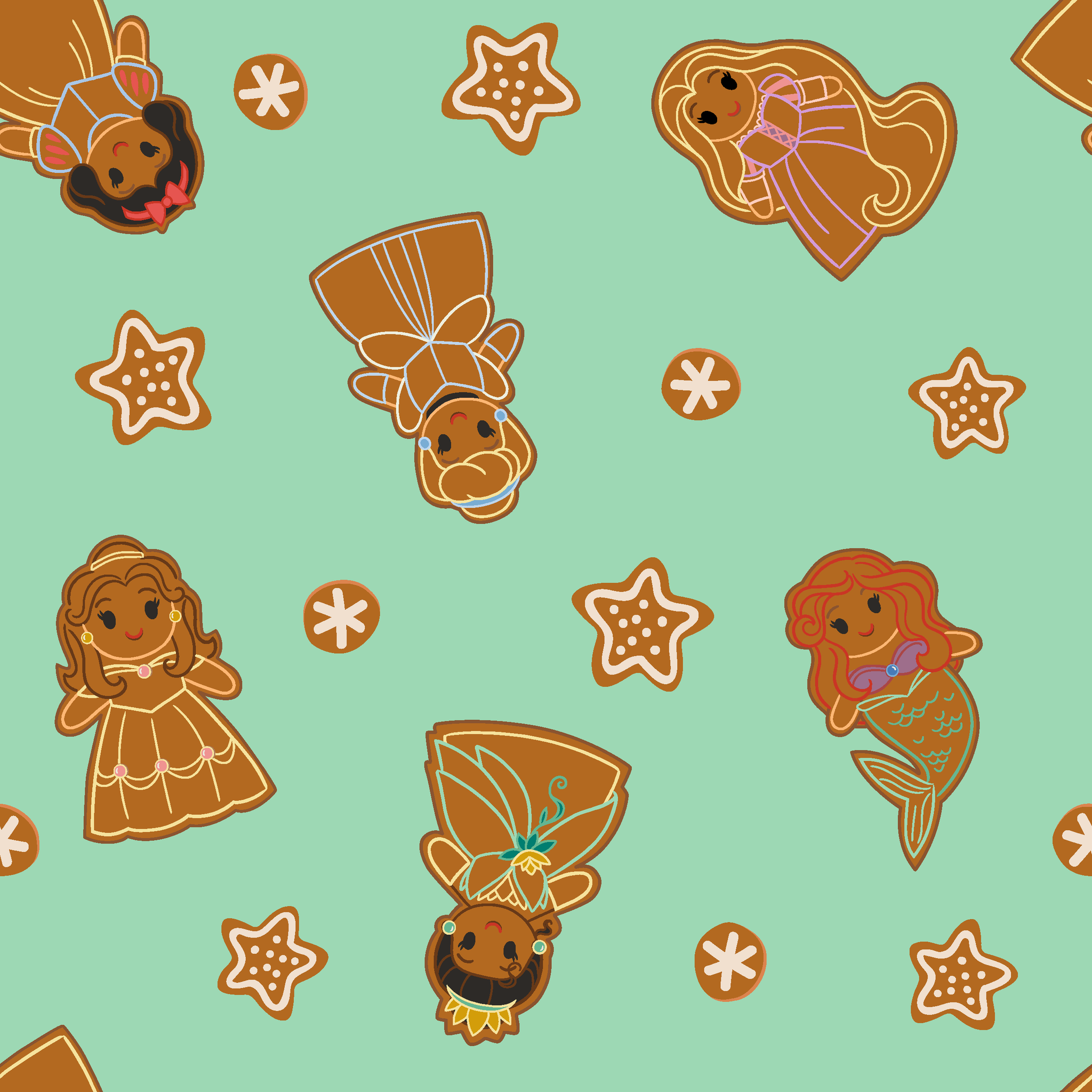 Disney Princess gingerbread cookies with star and snowflake designs on mint green background tiled preview square