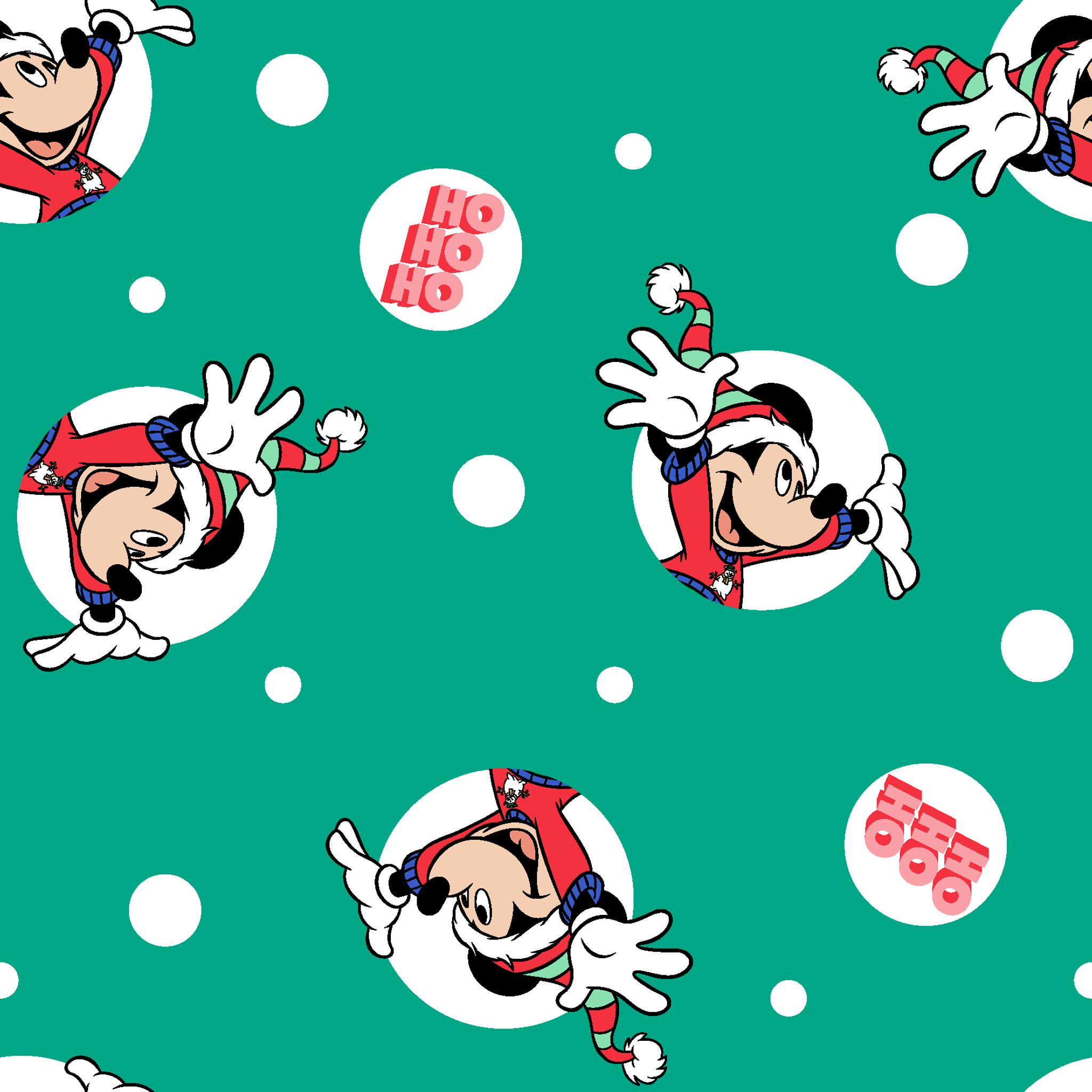 Mickey Mouse in Santa hats on green polka dot background with "Ho Ho Ho" text tiled preview square