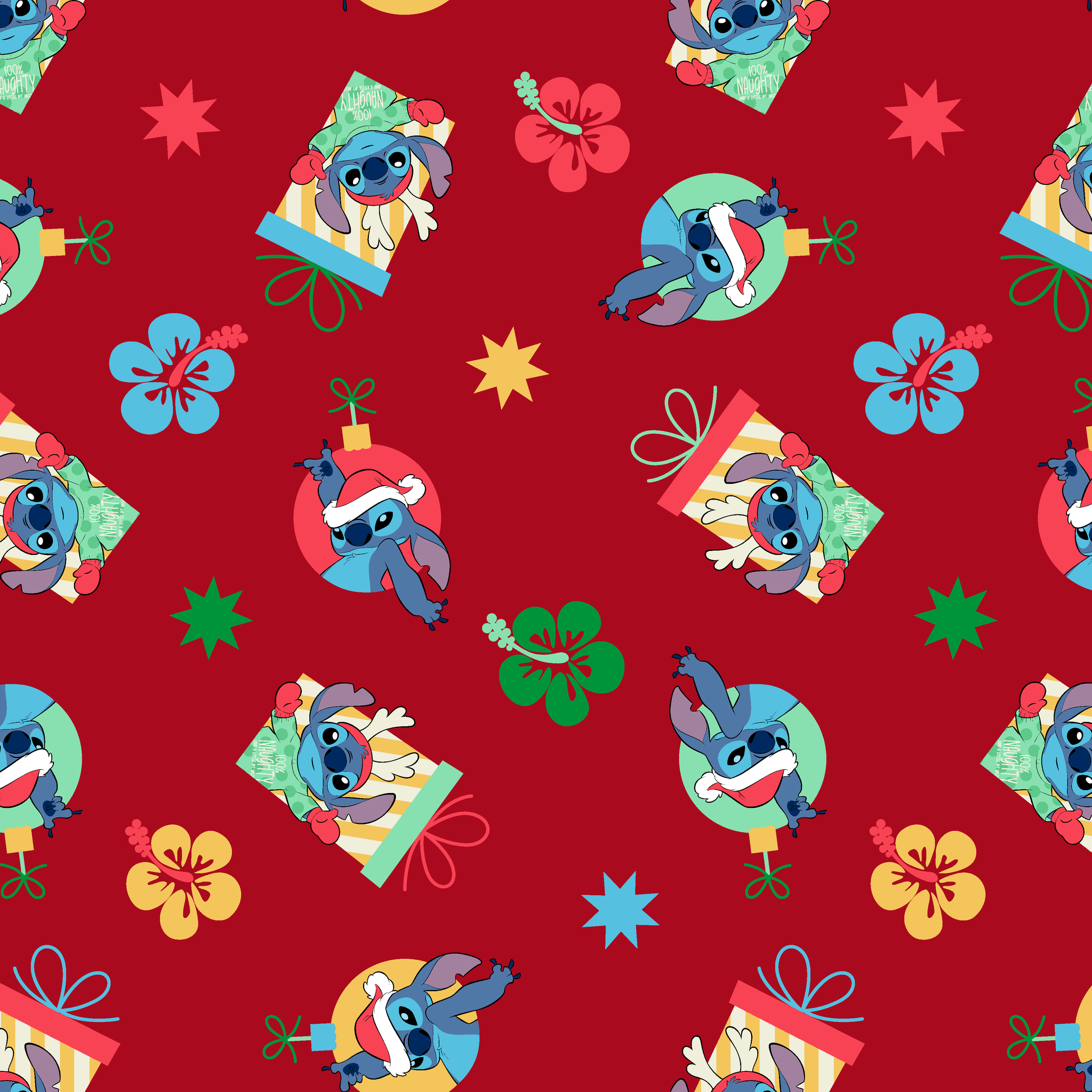 Disney Stitch pattern on red background with flowers and decorative elements tiled preview square