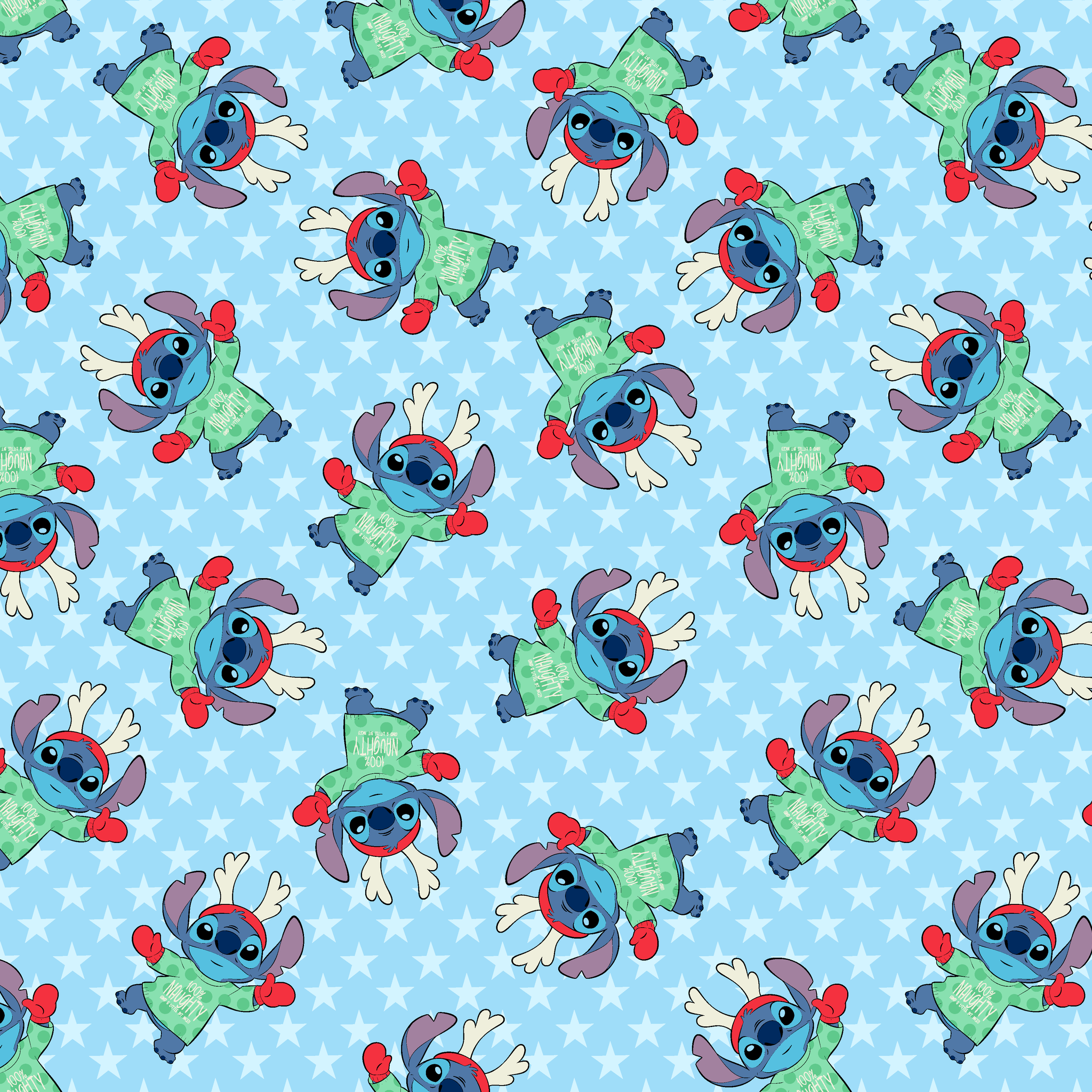 A repeating pattern of Disney's Stitch in holiday outfits with Christmas trees on light blue snowflake background. tiled preview square