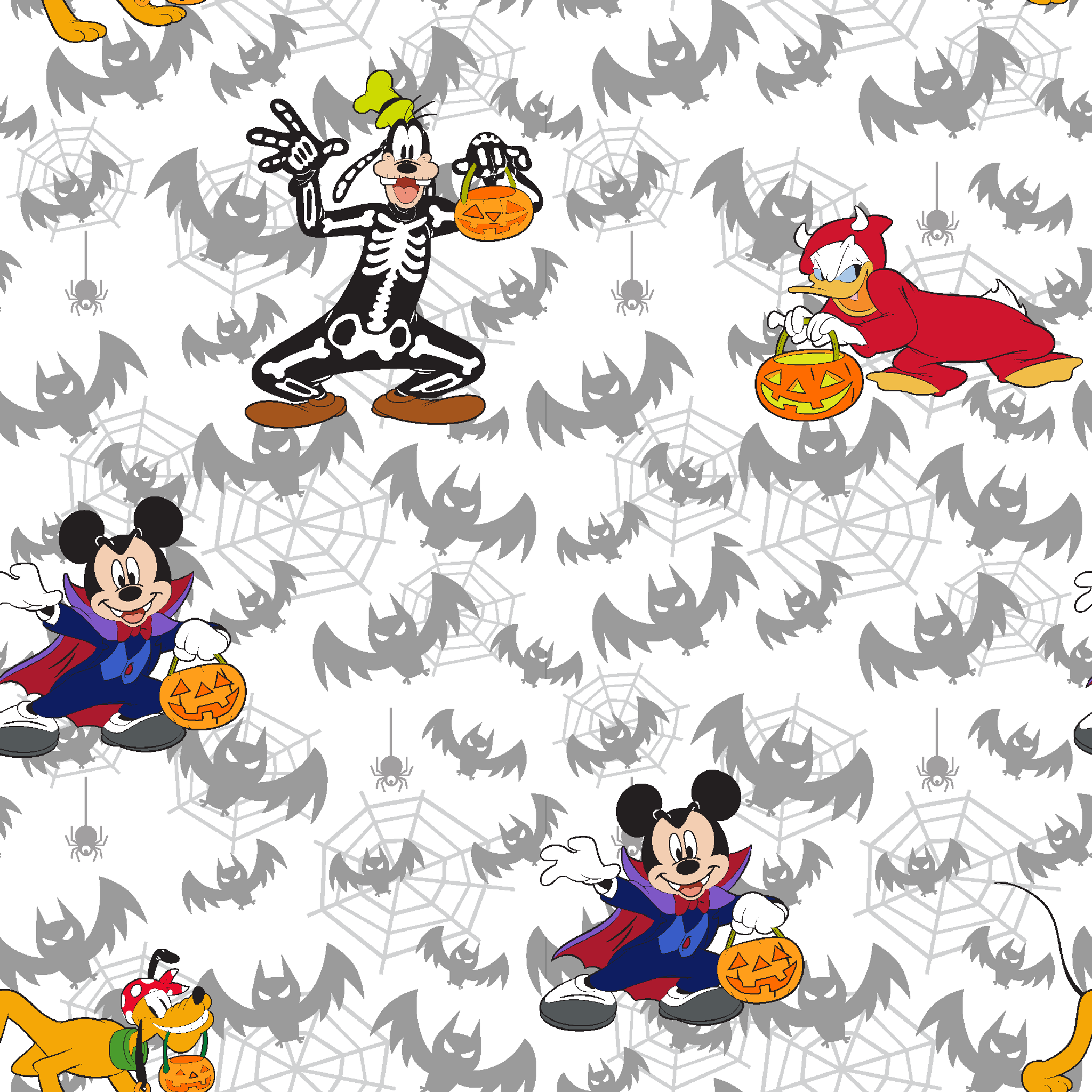 Disney cartoon characters in Halloween costumes with pumpkins on bat pattern background tiled preview square