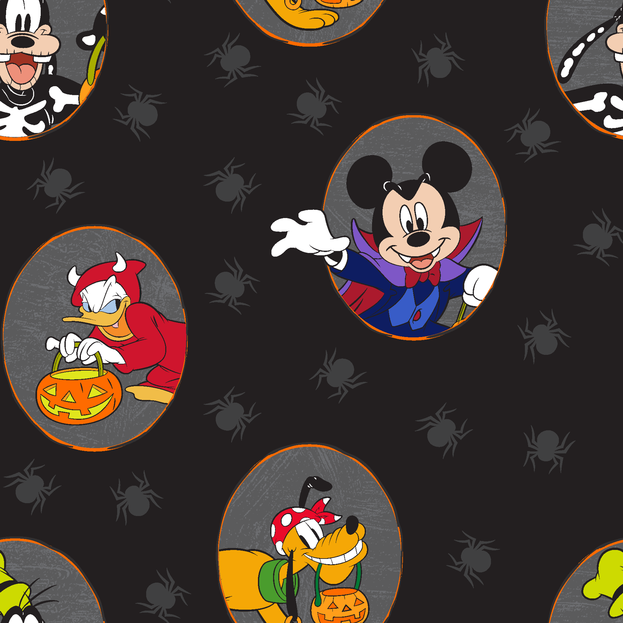 Disney characters in Halloween costumes on black background with spider pattern. Mickey as vampire, Donald with pumpkin, Pluto with candy. tiled preview square