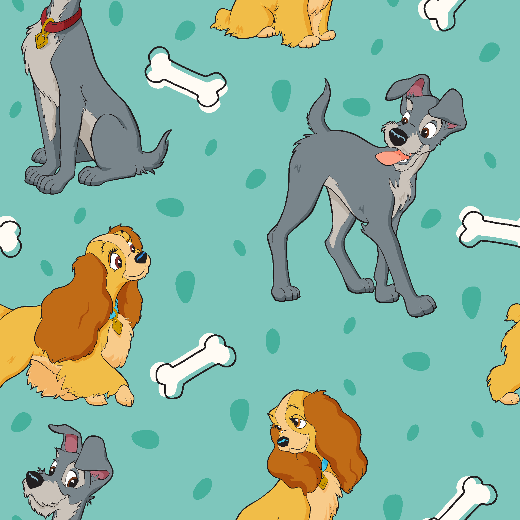 Cartoon pattern of gray dogs and golden cocker spaniels with white bones on turquoise background tiled preview square