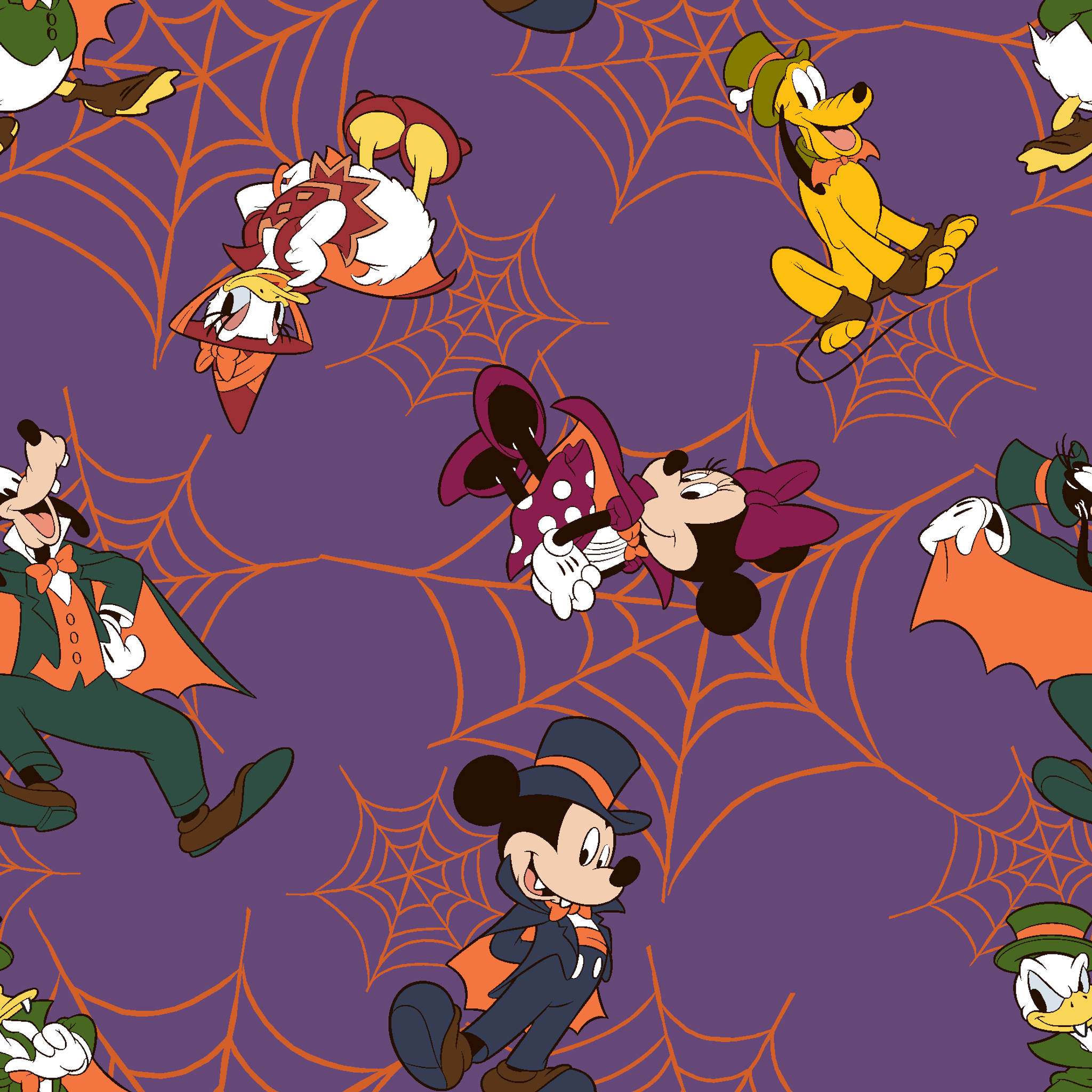 Disney cartoon characters in Halloween costumes on purple background with orange spider webs tiled preview square