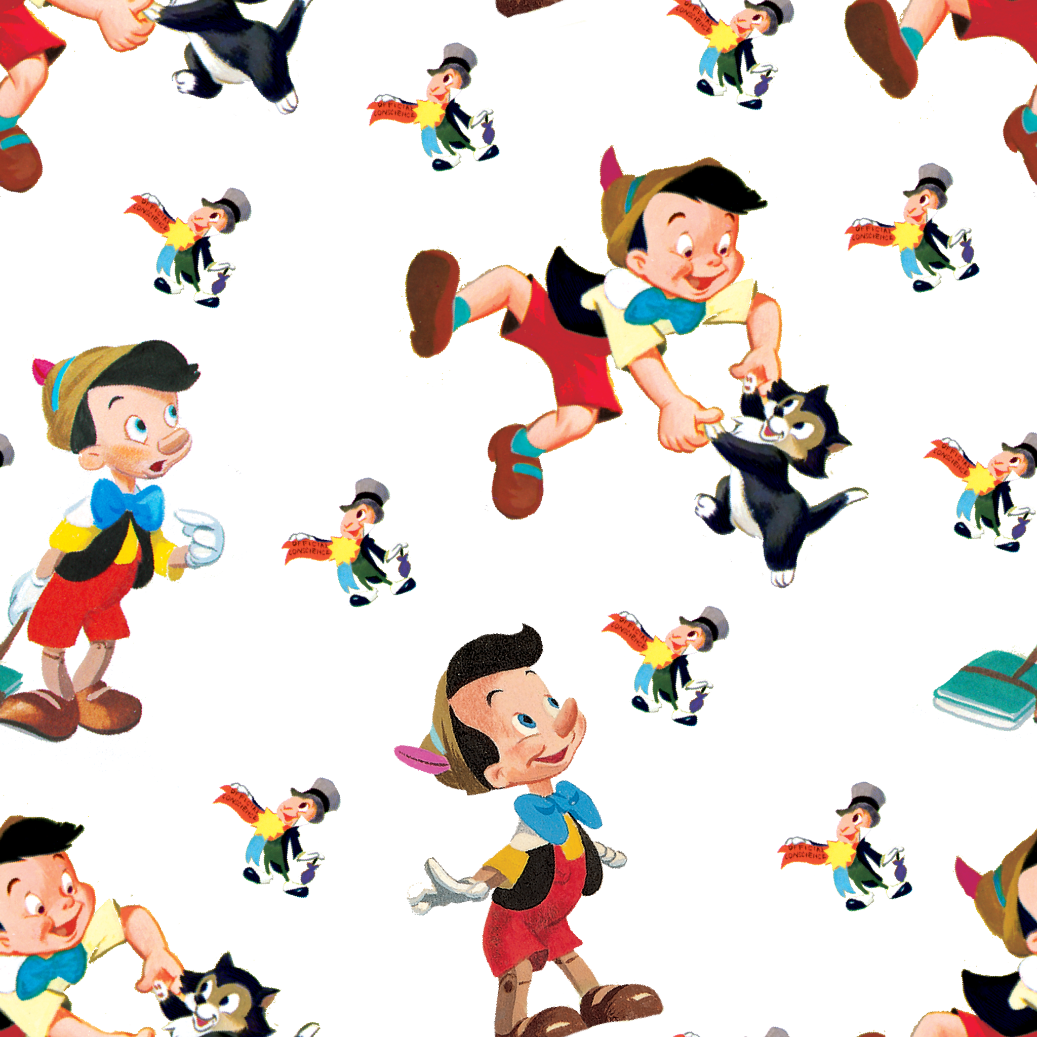 Pattern of cartoon wooden puppet characters with long noses, red shorts, blue bow ties, and black cats scattered on white background tiled preview square
