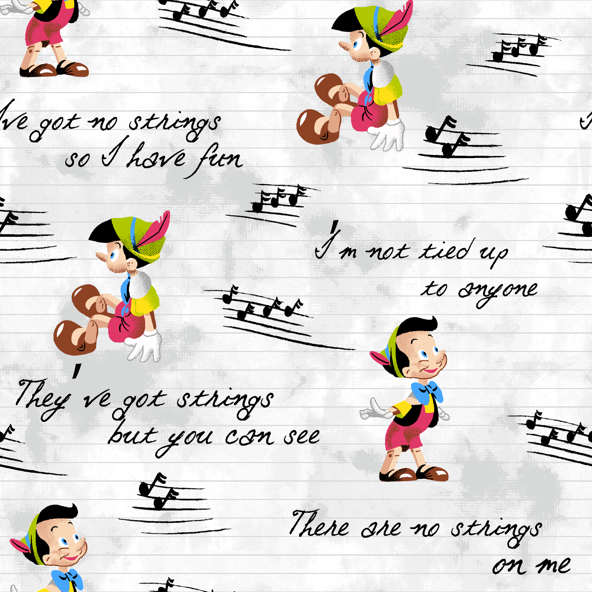 Cartoon characters on a light gray background with musical notes and phrases about strings tiled preview square