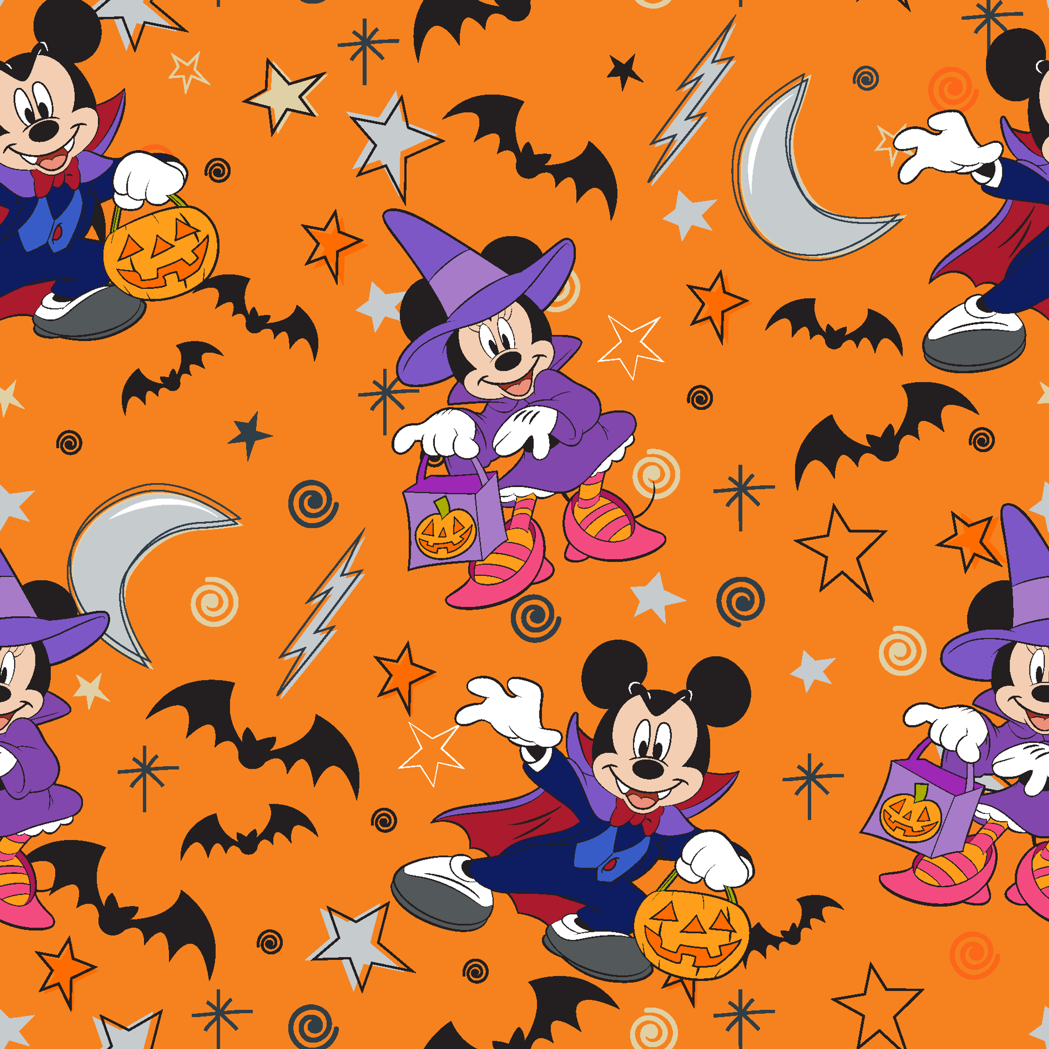 Halloween-themed cartoon pattern with Disney characters in costumes, bats, stars, moons, and ghosts on orange background. tiled preview square