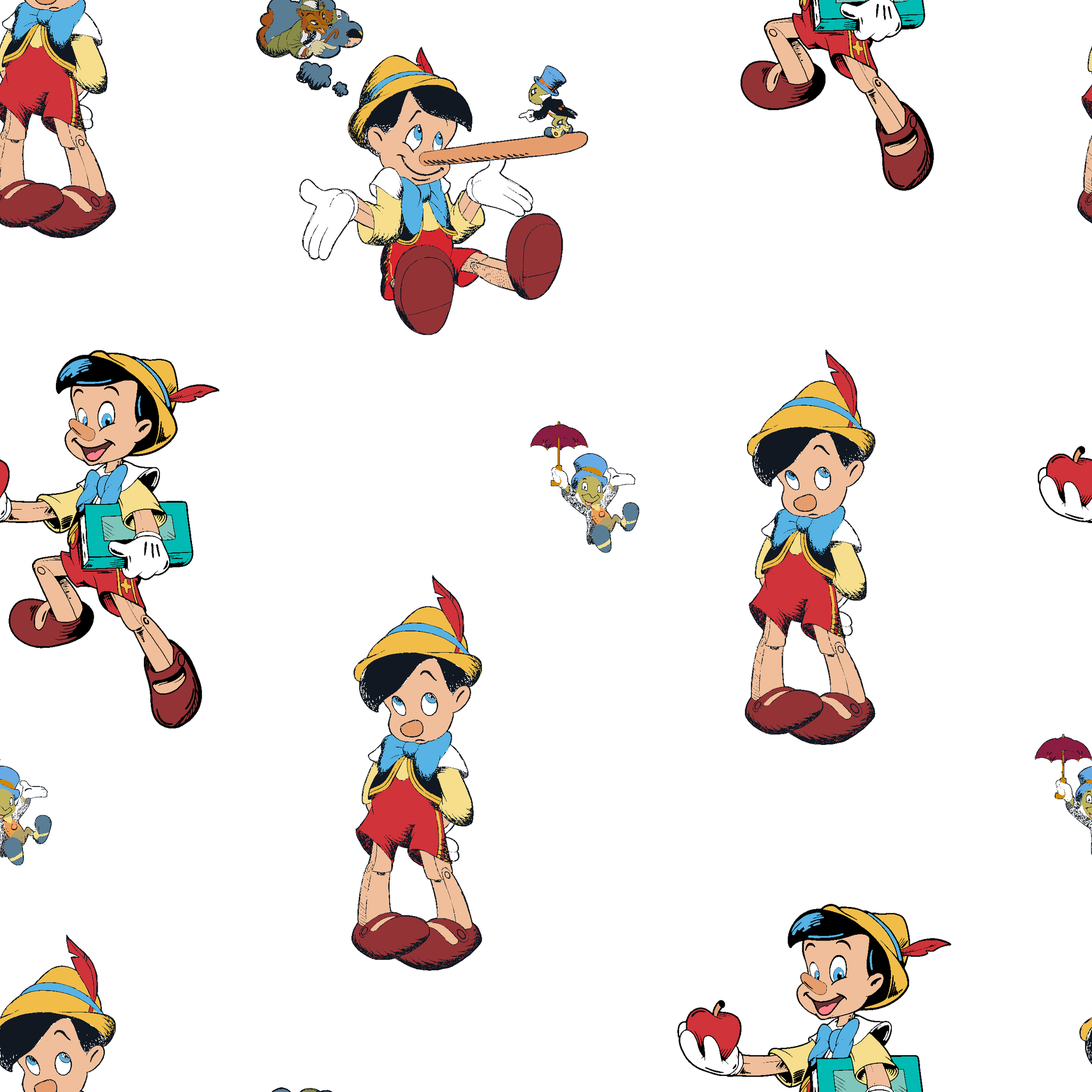 Repeating pattern of cartoon wooden puppet character with pointed hat in various poses tiled preview square