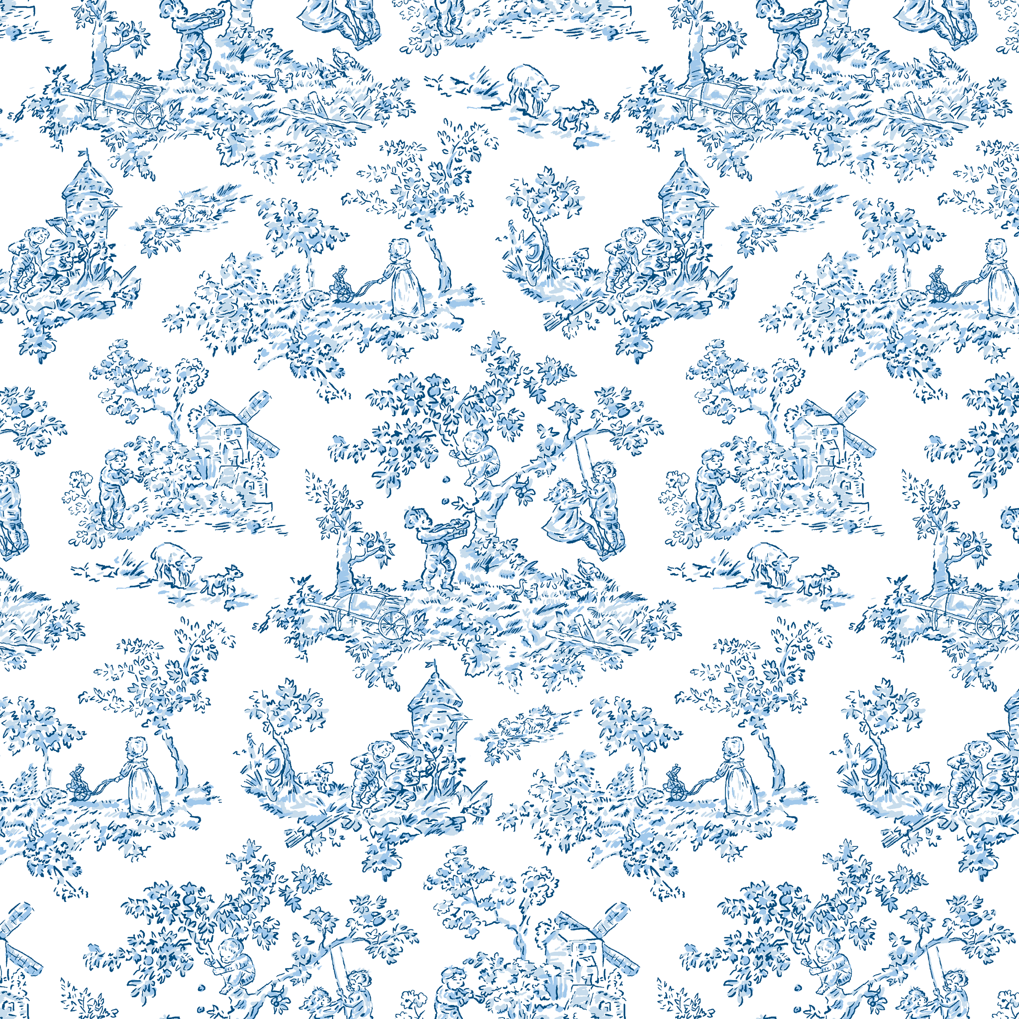 Blue and white toile pattern with delicate floral designs and pastoral scenes on white background tiled preview square