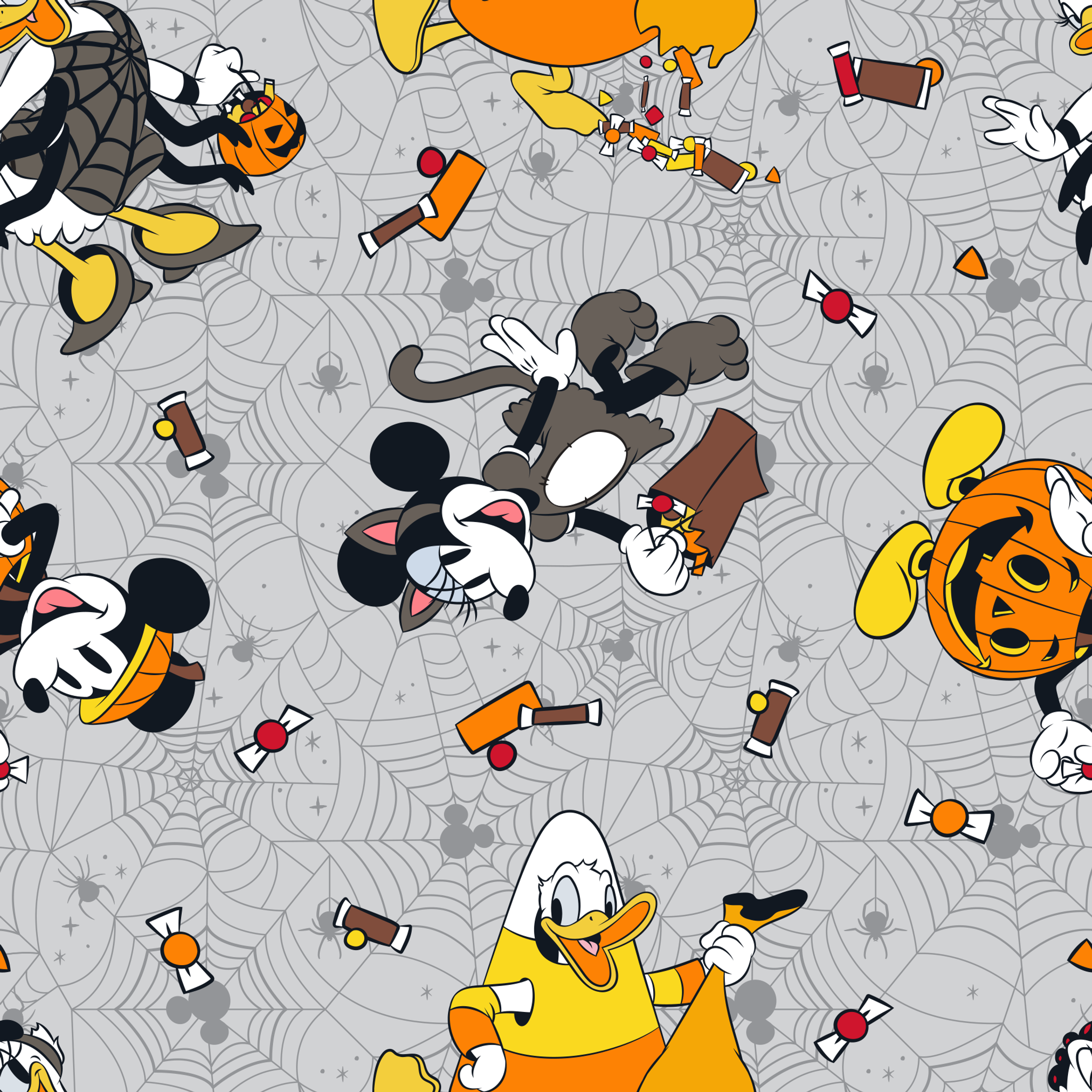 Disney characters on gray spider web pattern with candy corn scattered throughout, Halloween themed design. tiled preview square