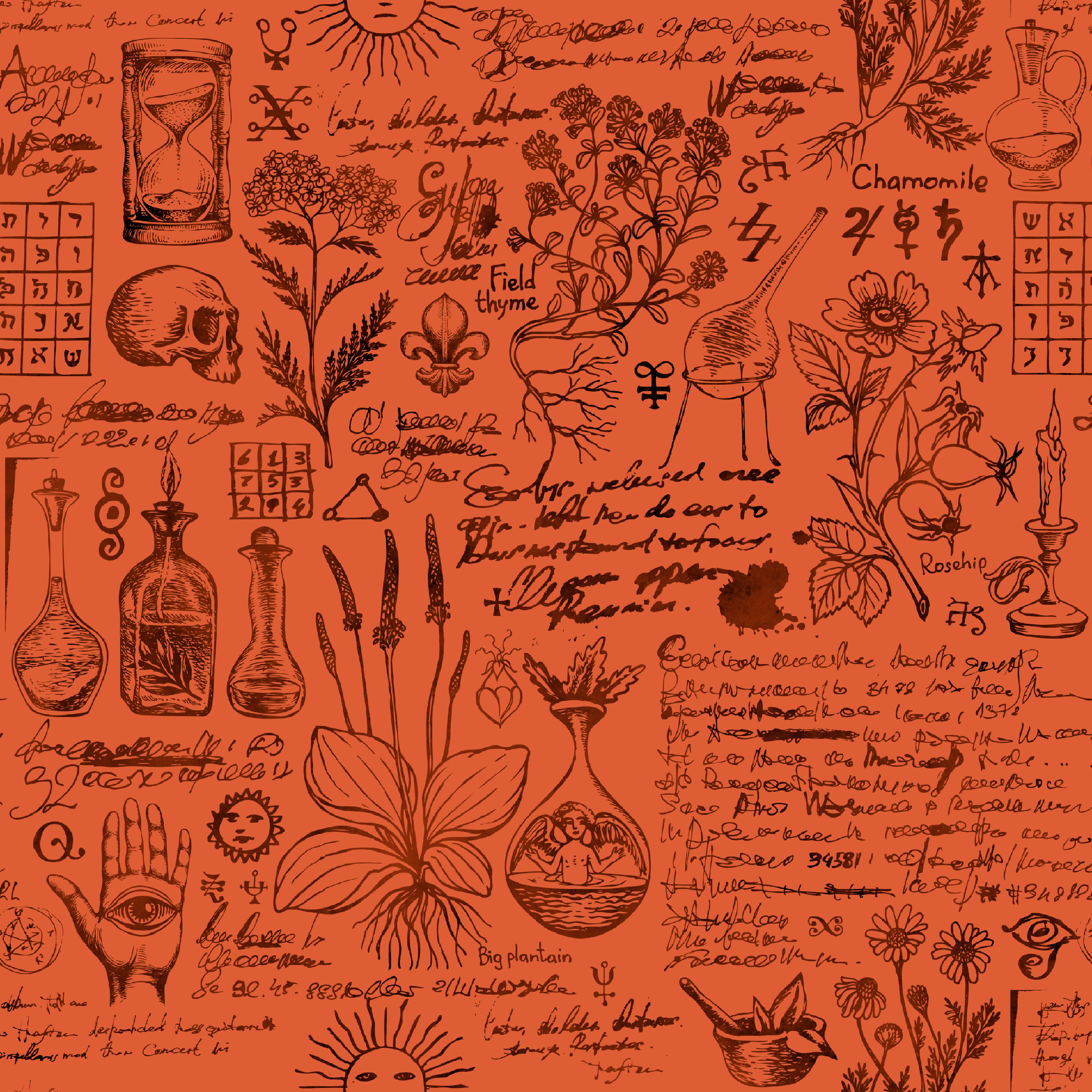 Red-orange Halloween background with vintage alchemical drawings, botanical sketches, symbols, handwritten notes, and mystical elements arranged like an ancient manuscript page. tiled preview square