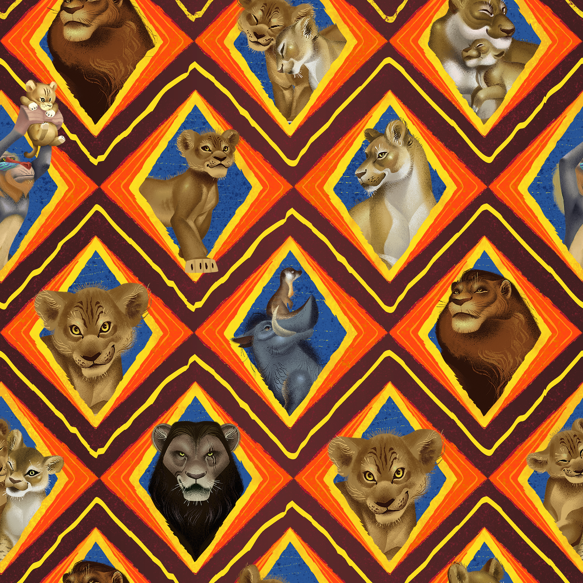 Diamond pattern of illustrated lions with various expressions in brown, tan, and gray against colorful geometric backgrounds. tiled preview square