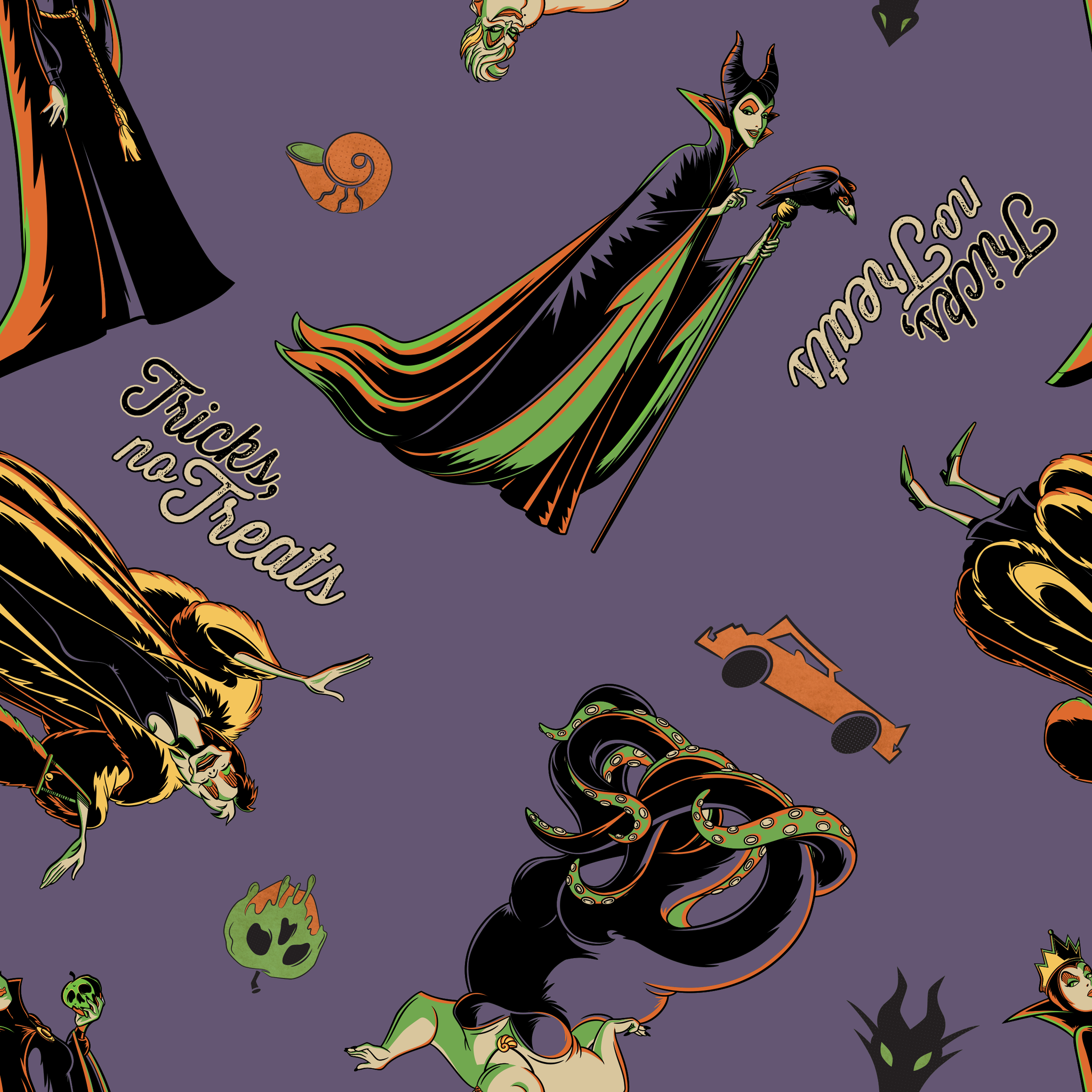 Cartoon villains pattern featuring Maleficent and other Disney antagonists on purple background tiled preview square