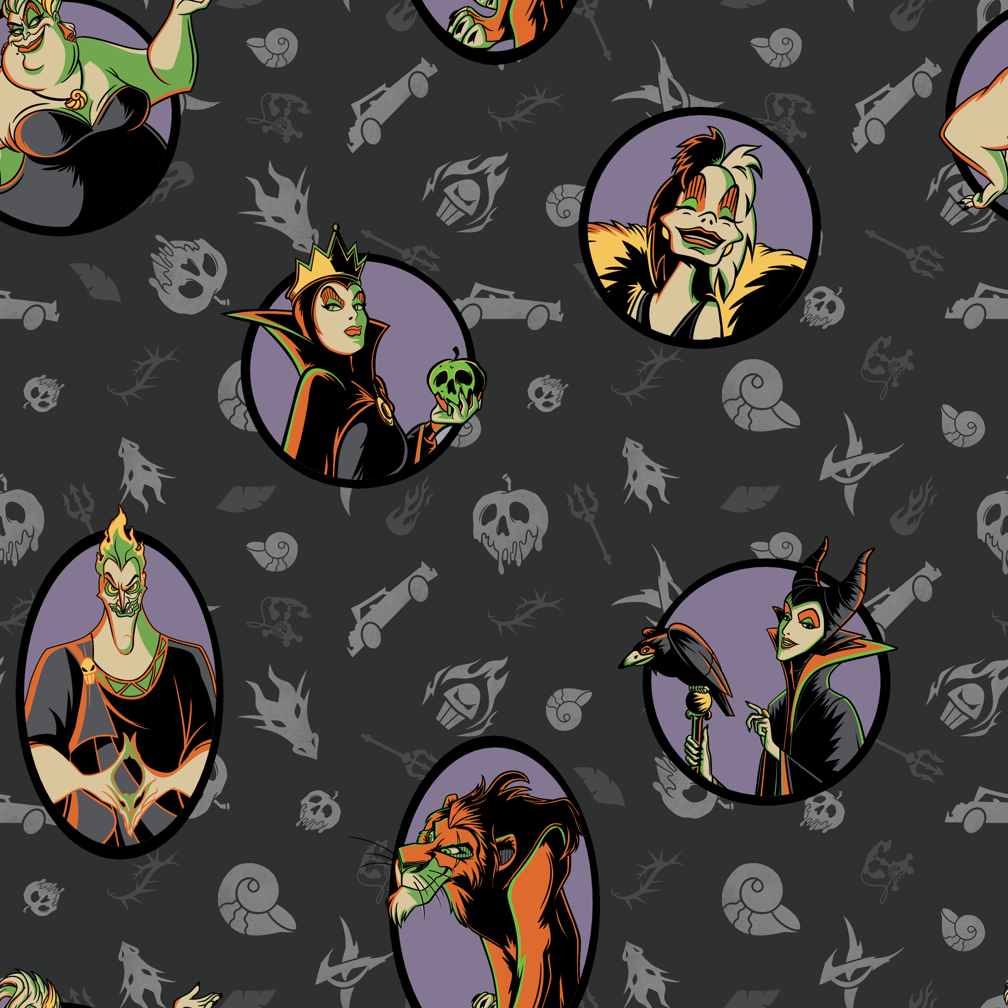 Cartoon Disney villains in purple circles on dark gray background with villain-themed icons tiled preview square