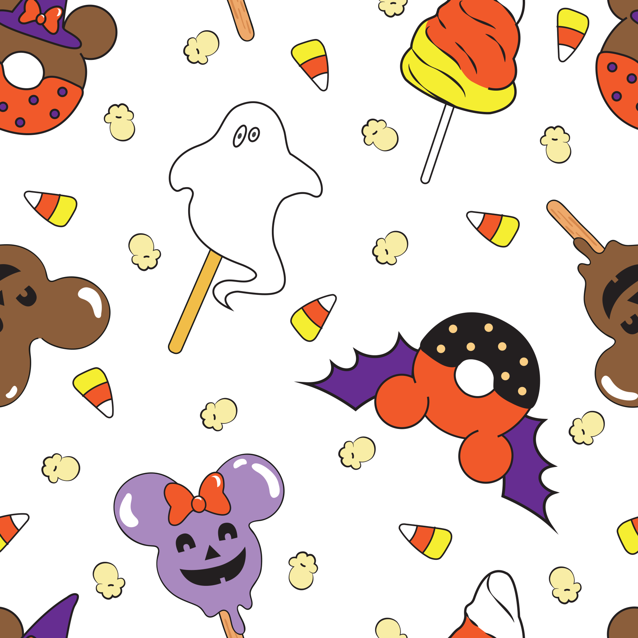 Disney Halloween themed pattern with candy lollipops, ghost, bats, and candy corn tiled preview square