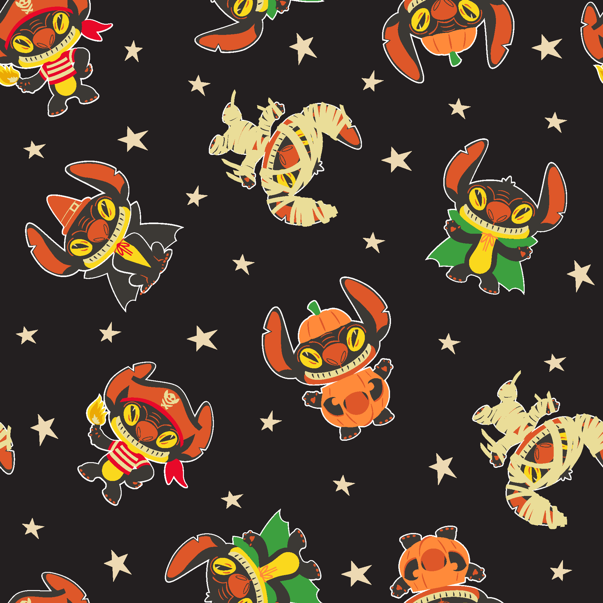 Pattern of Stitch in vibrant colors on black background with stars tiled preview square