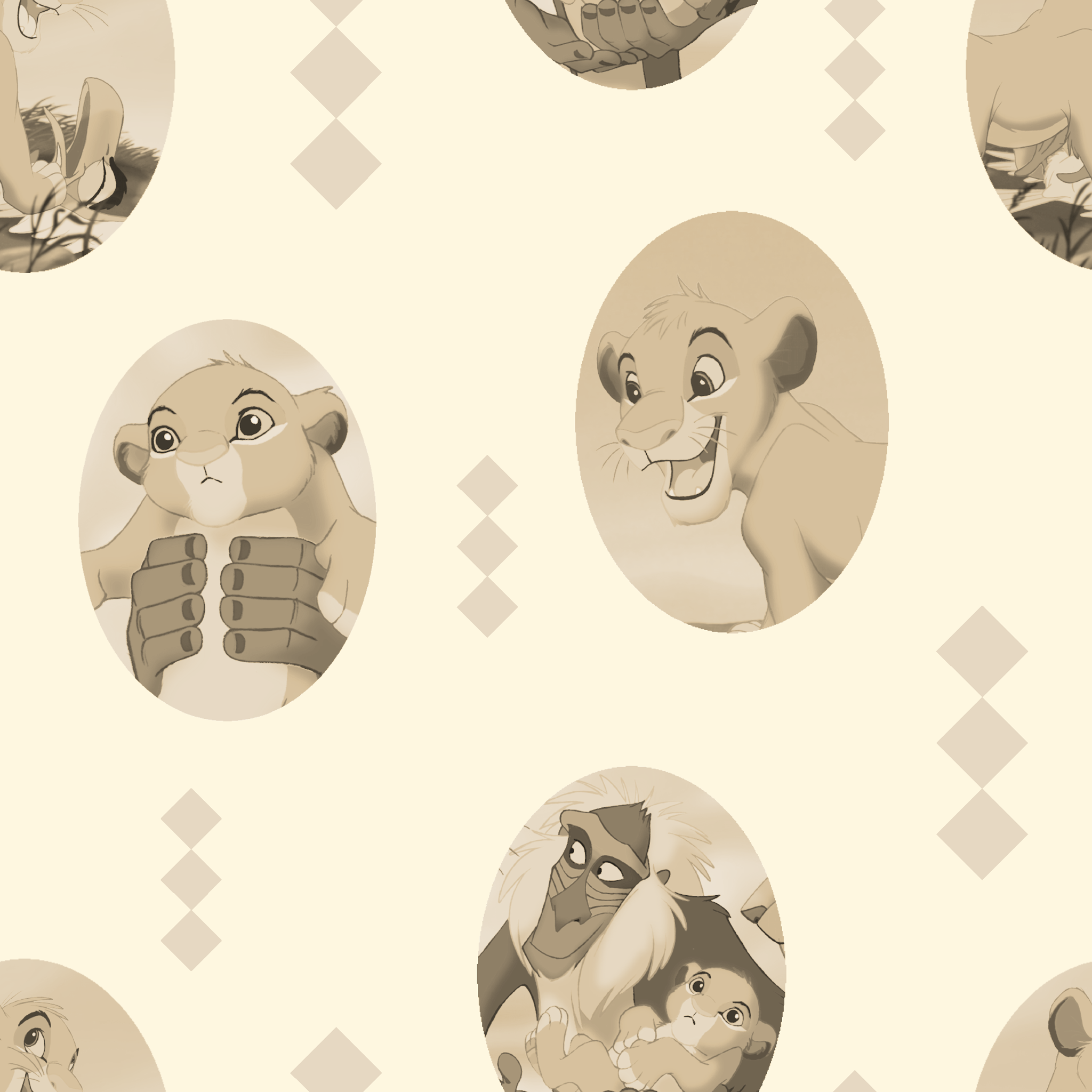 Lion King characters in sepia tone portraits on cream background with diamond pattern tiled preview square