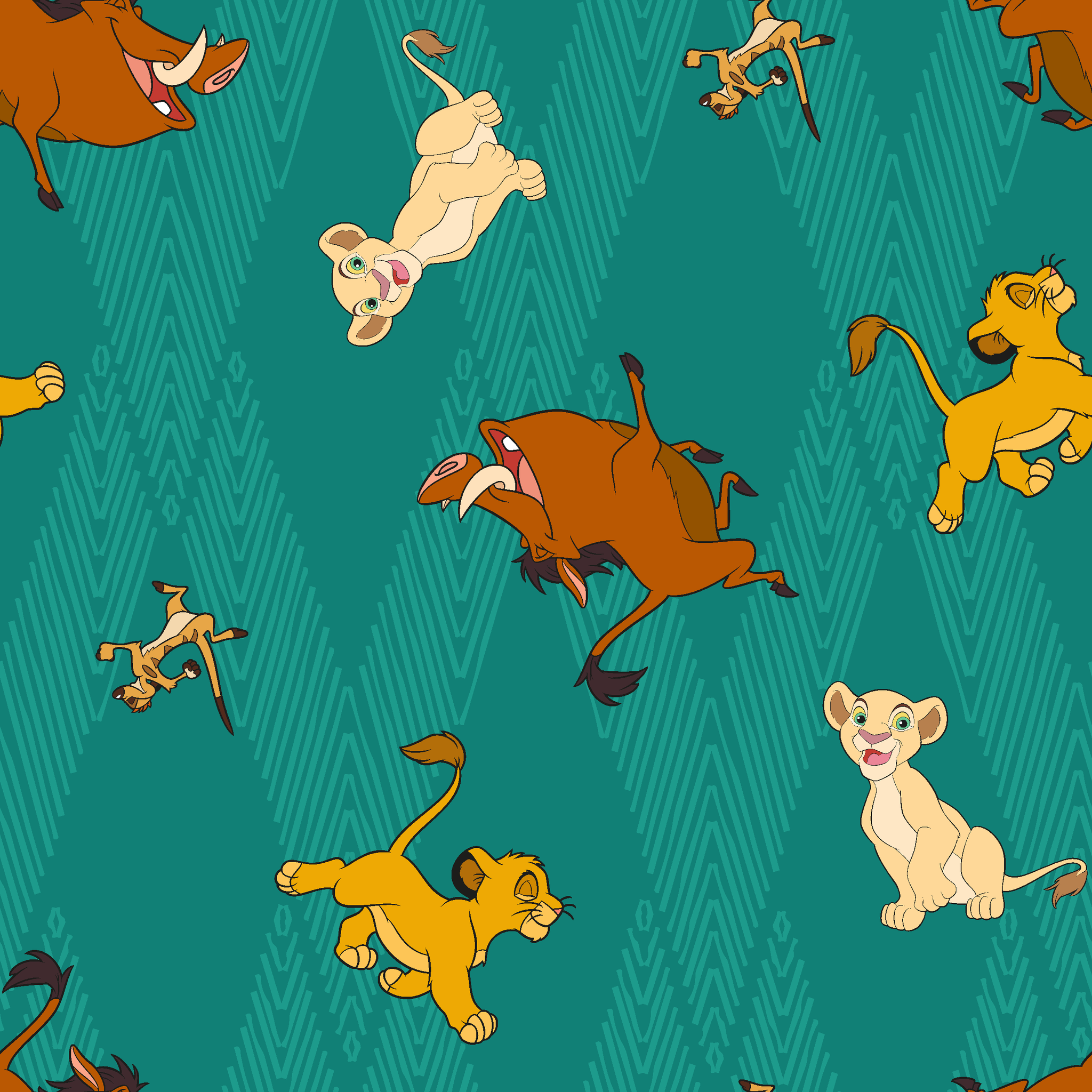 Lion cubs in various poses on teal zigzag background; yellow, cream, and brown lions jumping and sitting tiled preview square