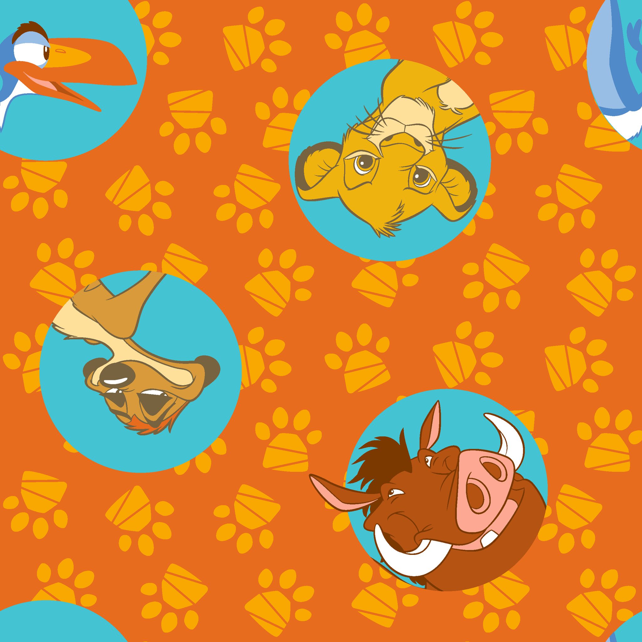 Cartoon animal characters in blue circles on orange background with yellow paw prints pattern tiled preview square