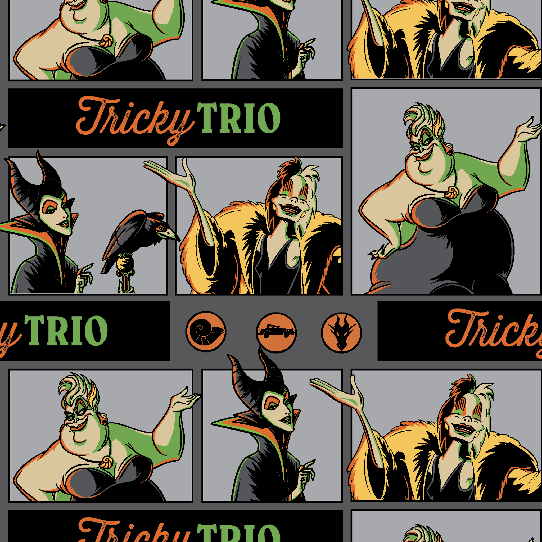 Cartoon-style villains "Tricky Trio" pattern with Maleficent, Cruella, and Ursula in green and orange text tiled preview square