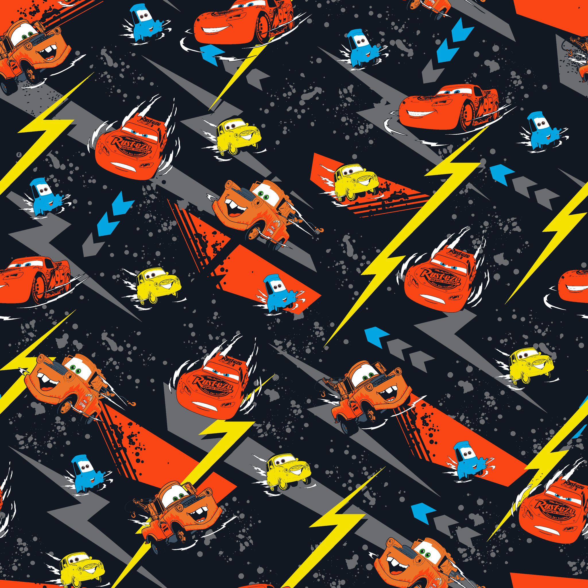 Pattern of animated red race cars with lightning bolt designs on dark background with yellow lightning strikes and blue accents tiled preview square