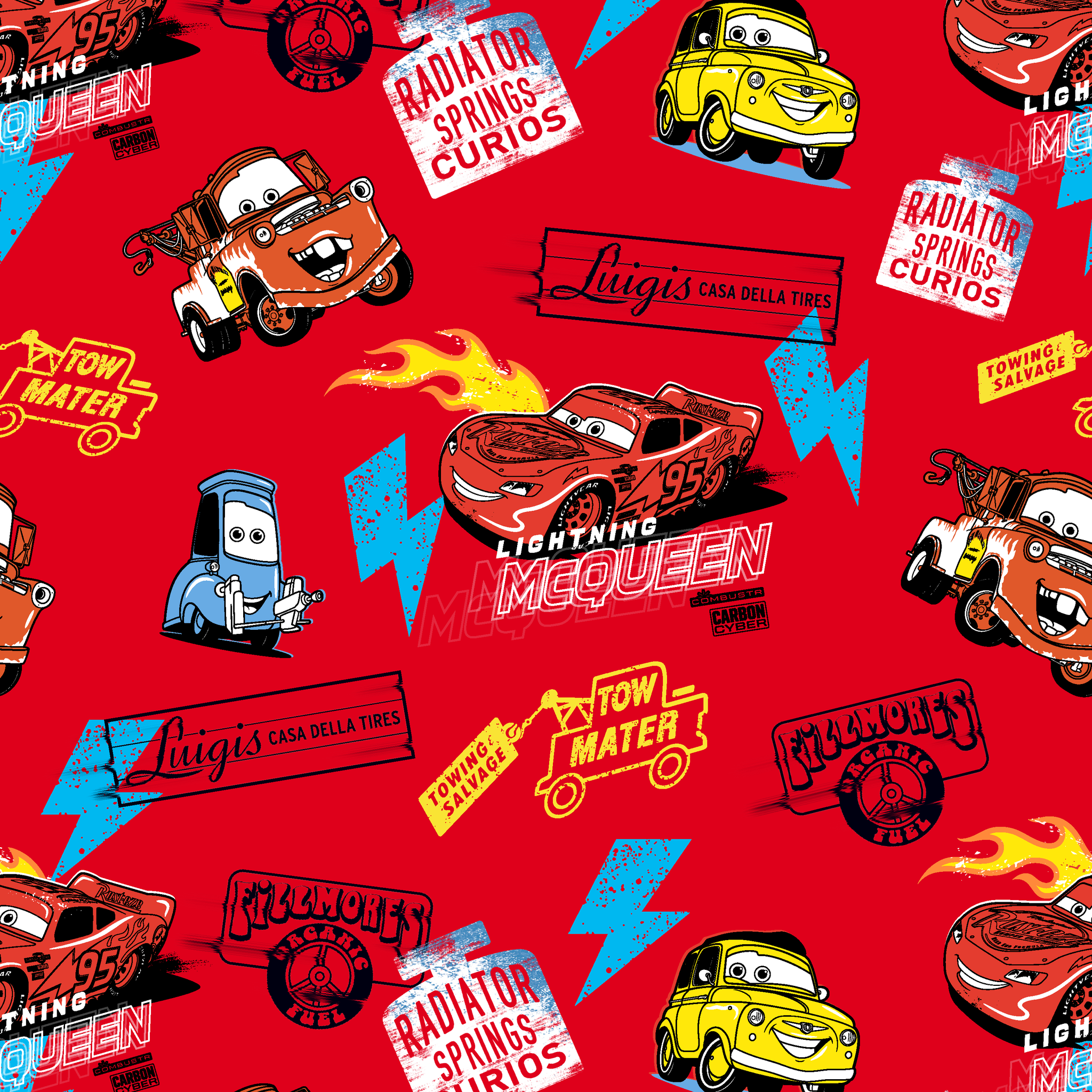 Colorful Disney Cars pattern featuring Lightning McQueen and Mater on vibrant red background with logos tiled preview square
