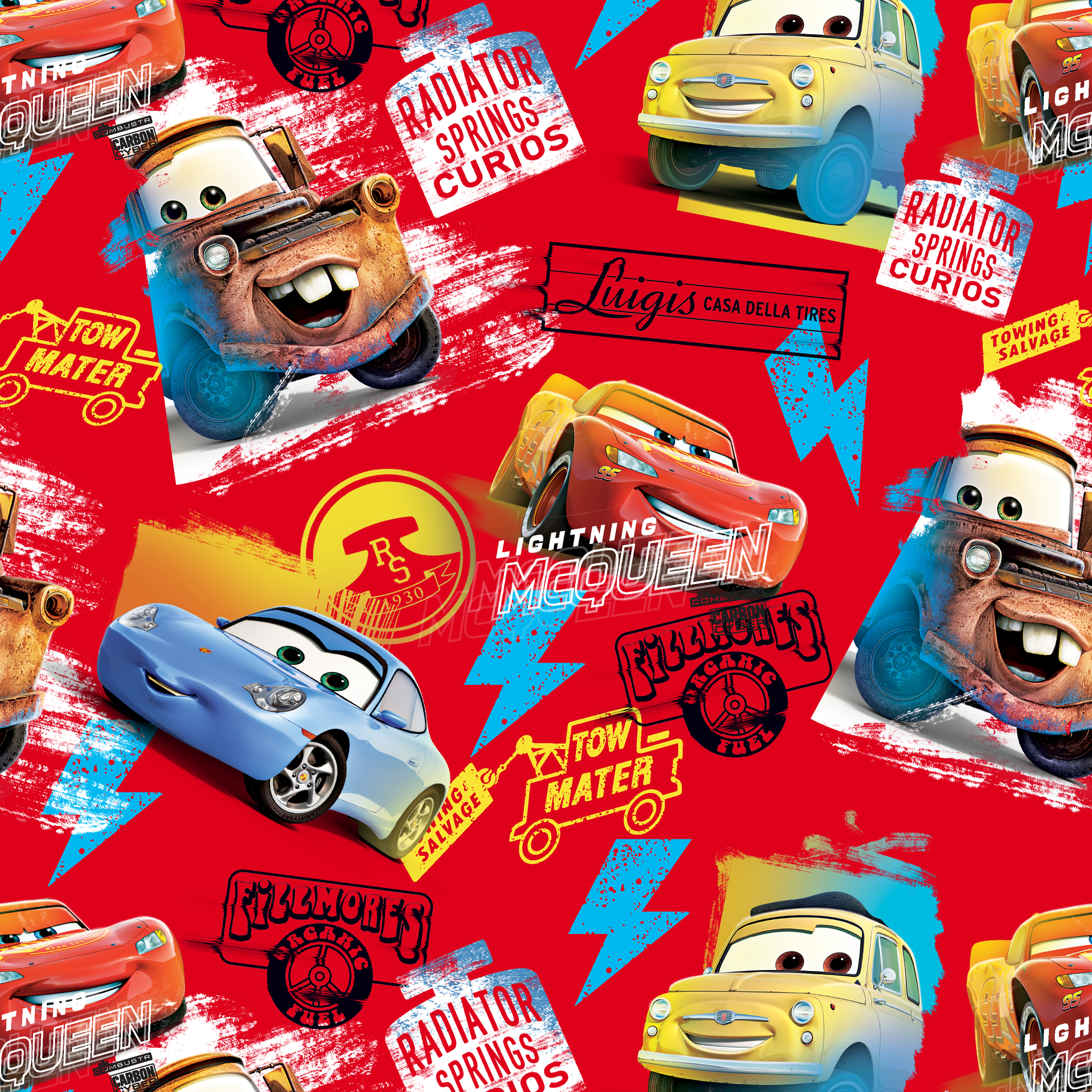 Colorful Cars movie characters pattern featuring Lightning McQueen and Mater on red background with logos tiled preview square