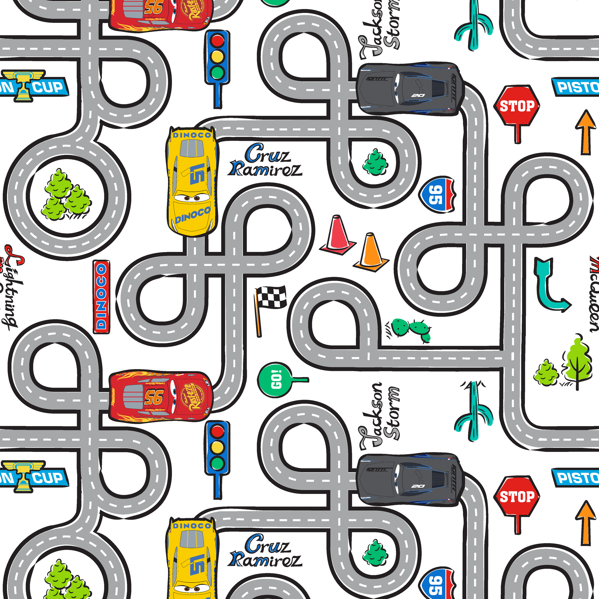 Cartoon road map with cars, traffic signs, and "Cruz Ramirez" label on winding gray streets tiled preview square