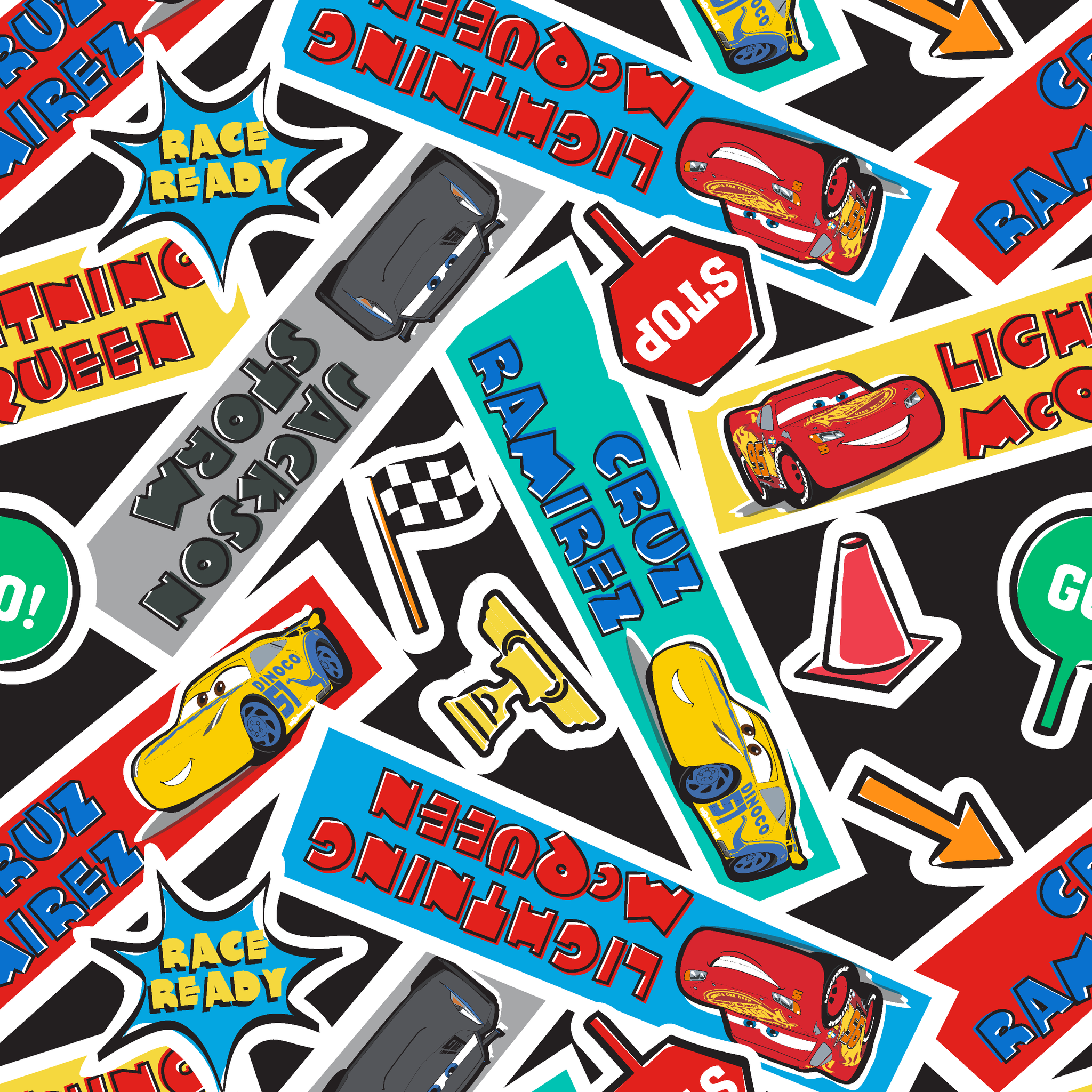 Colorful Cars movie stickers featuring Lightning McQueen, racing themes, and car motifs in vibrant colors. tiled preview square