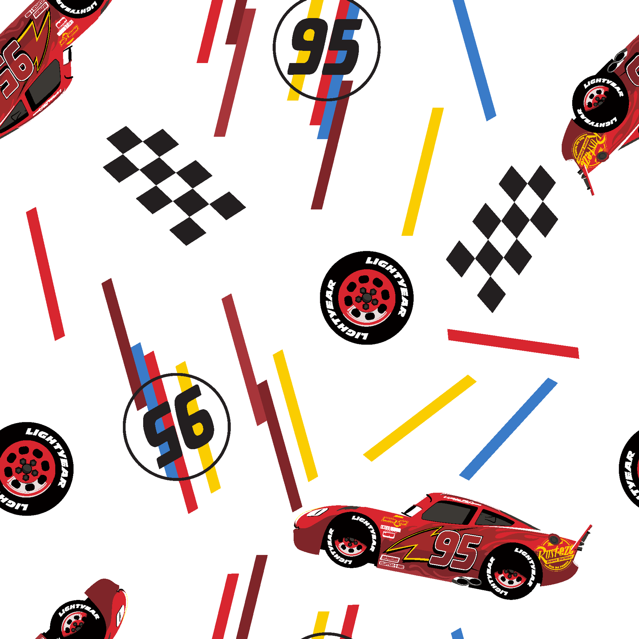 Racing car pattern with red toy cars, checkered flags, number 95 emblems, and colorful lines on white background tiled preview square