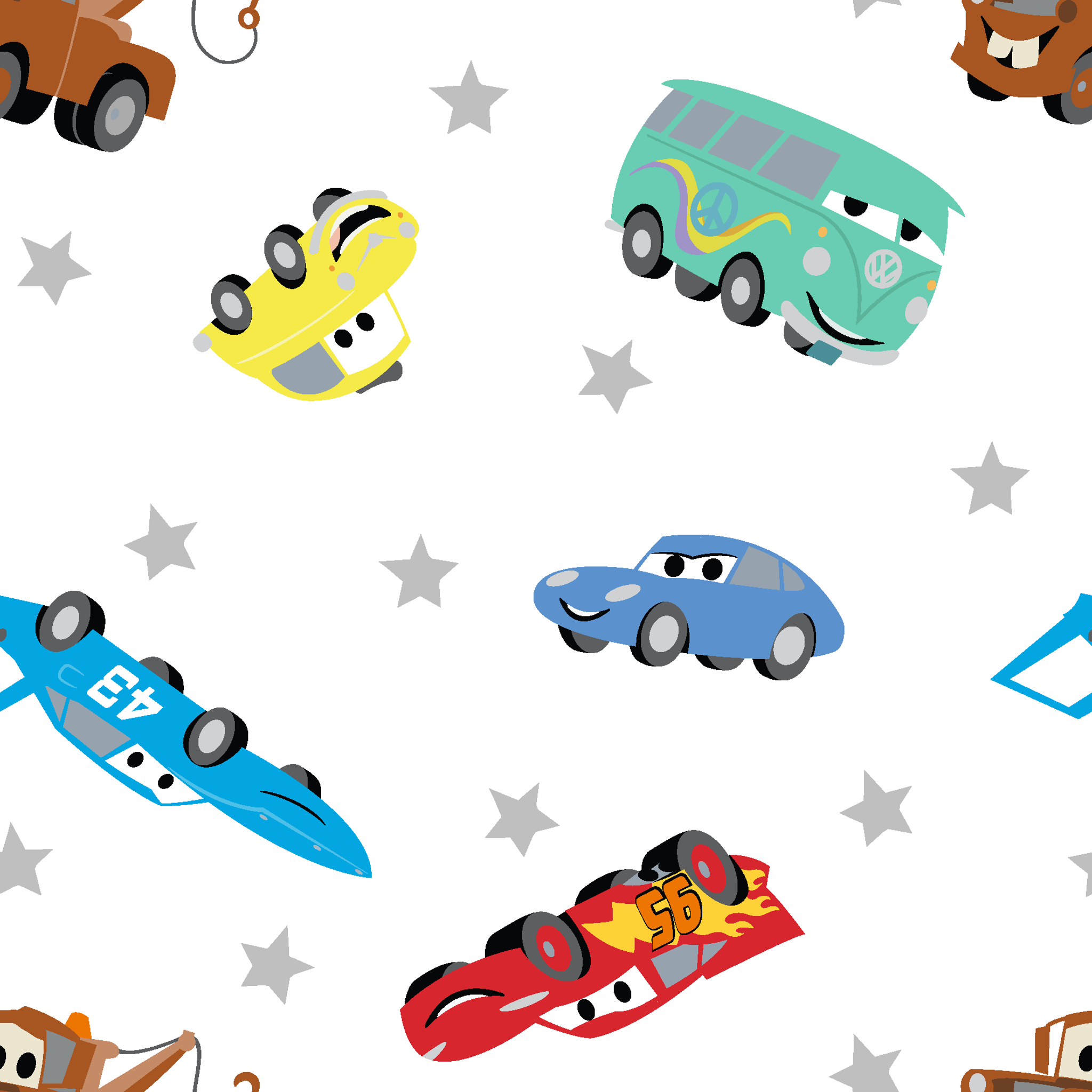 Cartoon vehicles pattern with colorful cars, trucks, and racing cars on white background with gray stars tiled preview square
