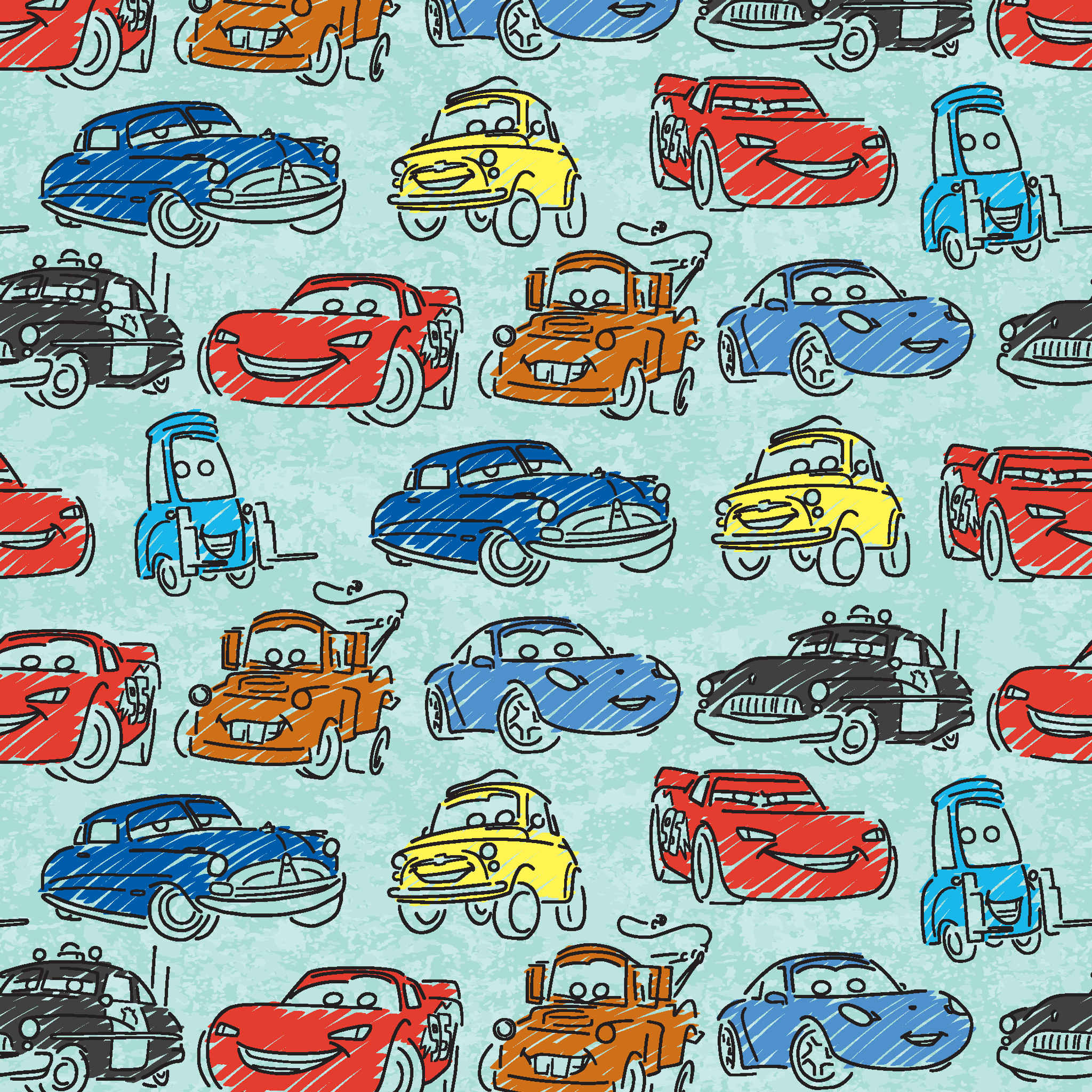 Colorful cartoon cars pattern including red racecars, blue sedans, yellow coupes, and tow trucks on light blue background tiled preview square