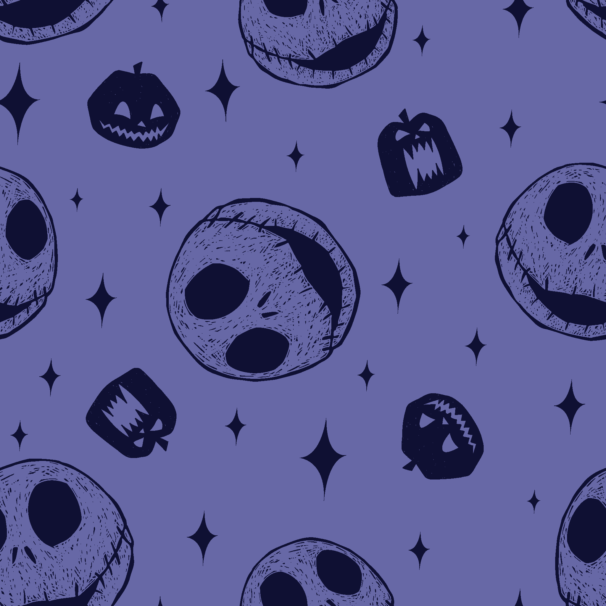 Nightmare Before Christmas skull and pumpkin pattern on purple background with black star shapes tiled preview square