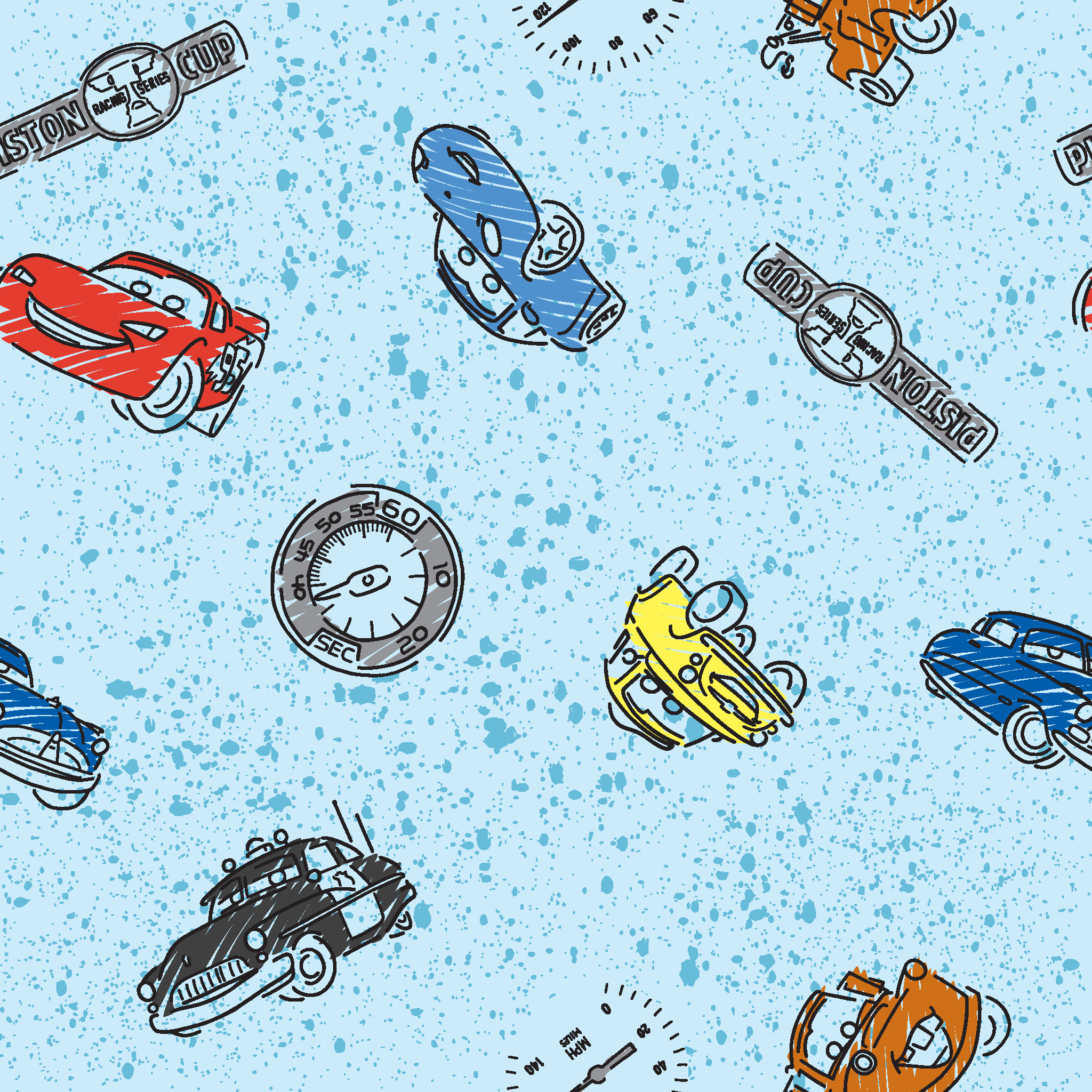 Colorful cartoon cars and watches scattered on a light blue speckled background pattern tiled preview square